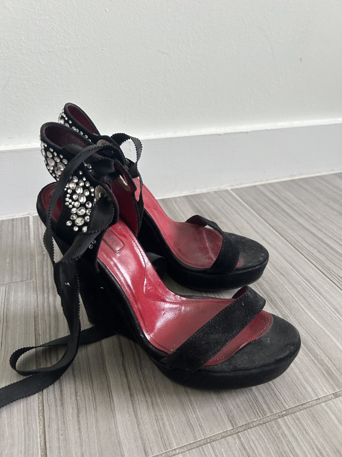 Cesare Paciotti Platform Heels Women Black Suede Rhinestone Ankle Wrap Sandals