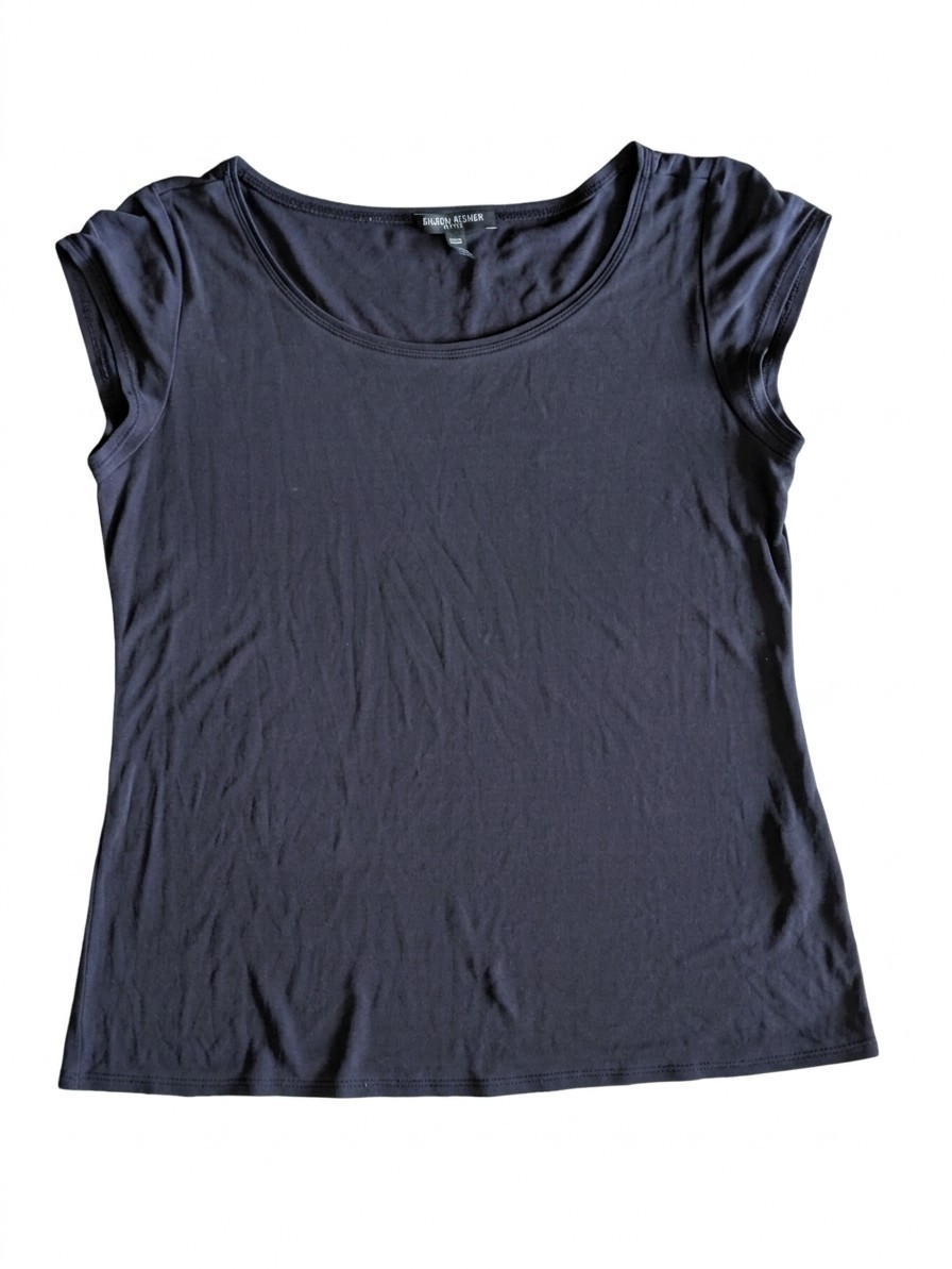 Eileen Fisher Petite 100% Silk Knit Tee Navy Cap Sleeve Top Scoop Neck PP