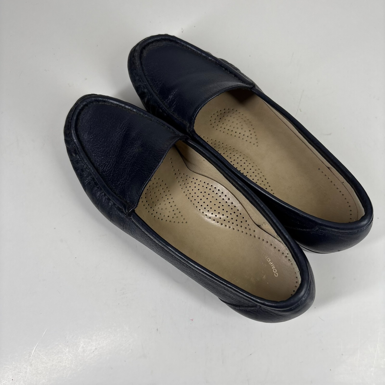 SAS Simplify Women’s US 7W Navy Leather Slip-On Comfort Walking Flats Loafers