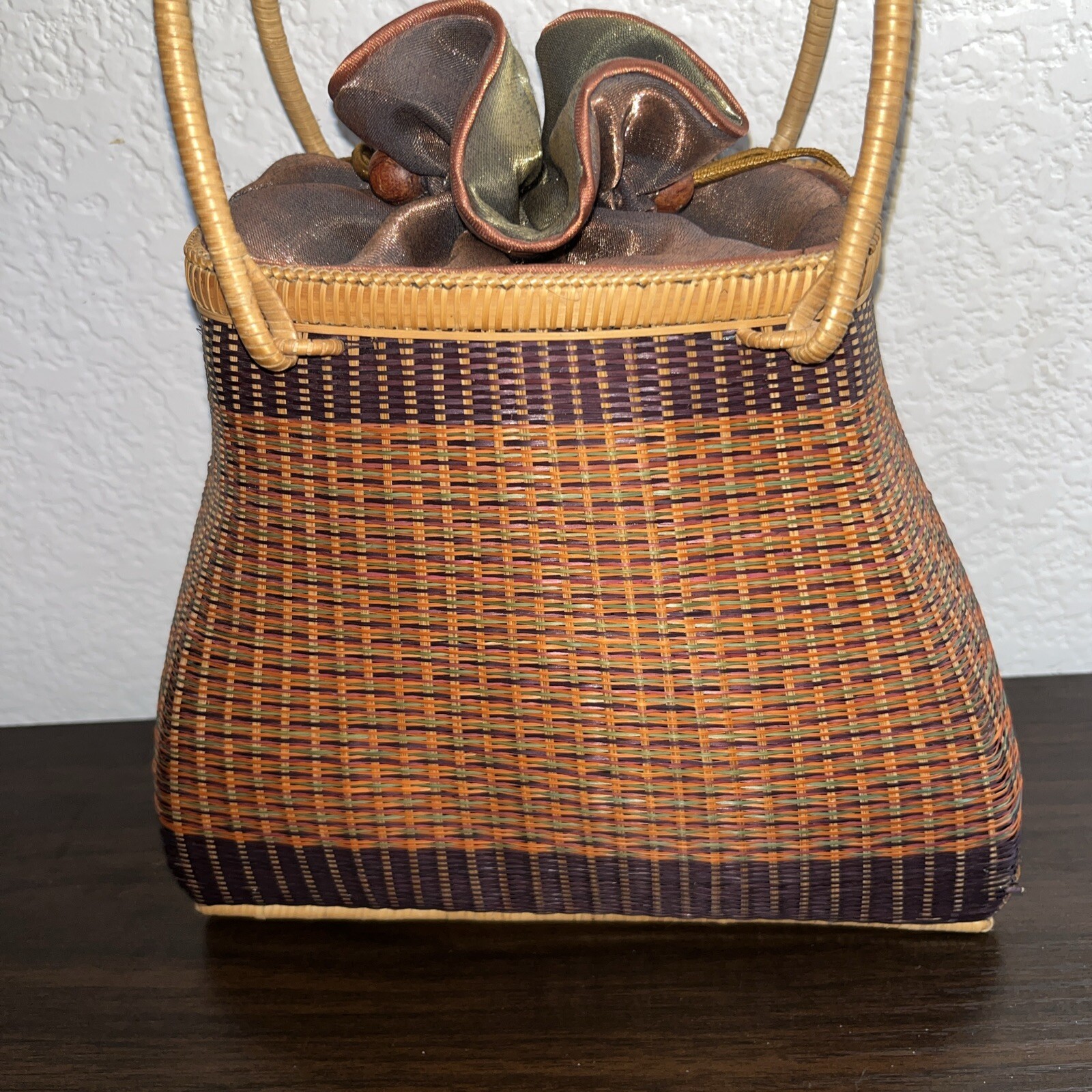 Bamboo Wicker Woven Handbag Purse Drawstring Top Fabric Lining Beautiful Colors