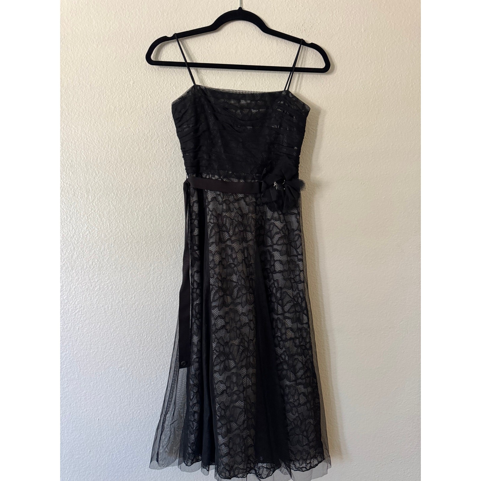 Laundry By Shelli Segal Floral Lace Mesh Overlay Dress 2 Black Spaghetti Strap