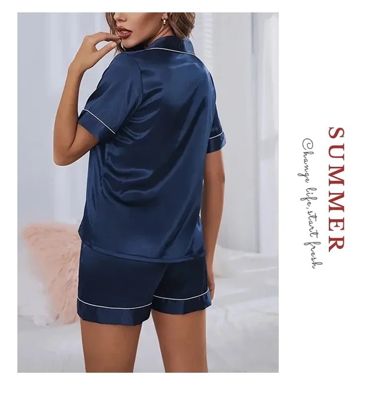 Womens Silk Satin Pajama Set 2 Piece Button Down Top Shorts Sleepwear Loungewear