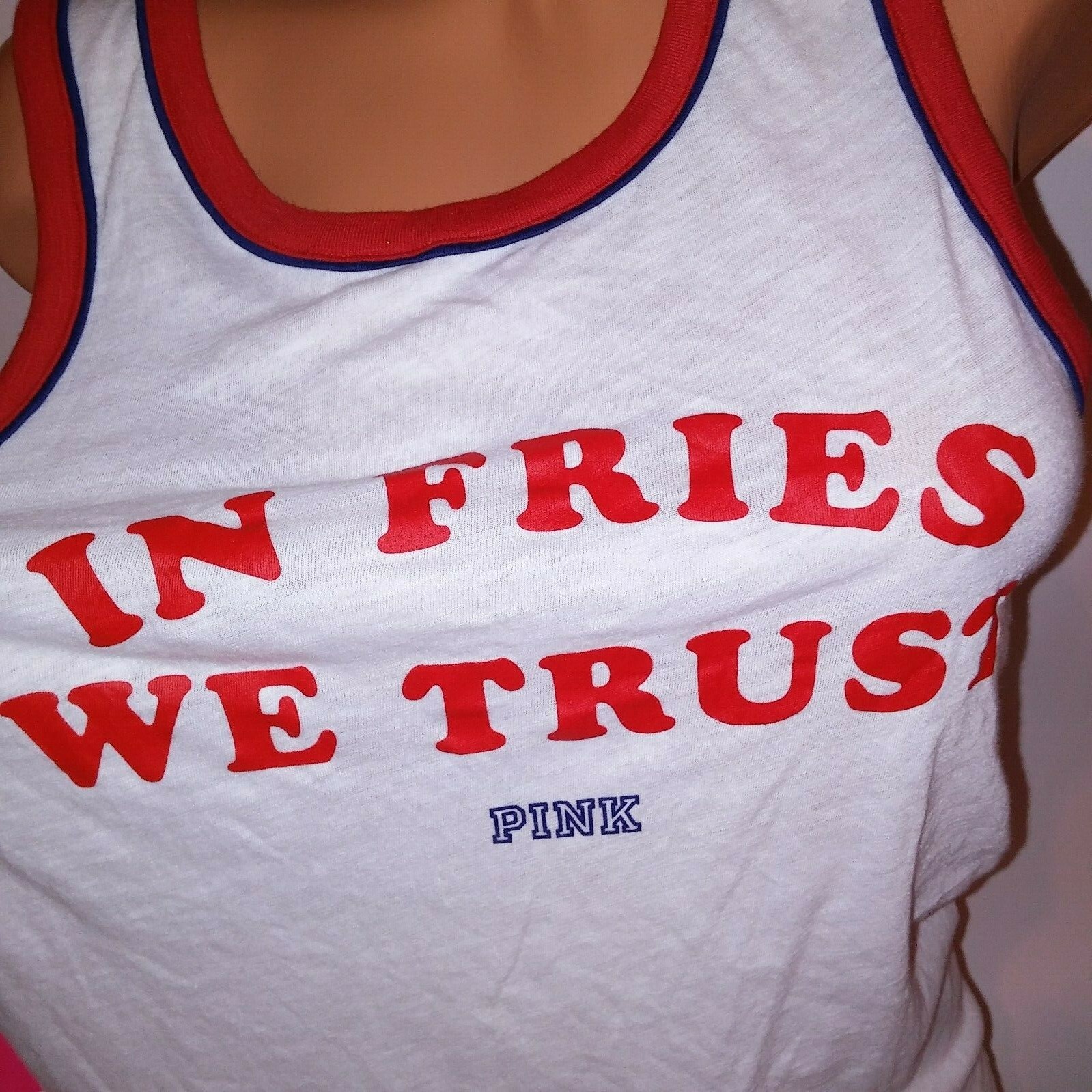 Victoria Secret PINK Tank Top Red White Blue “In Fries We Trust” Sleeveless Logo