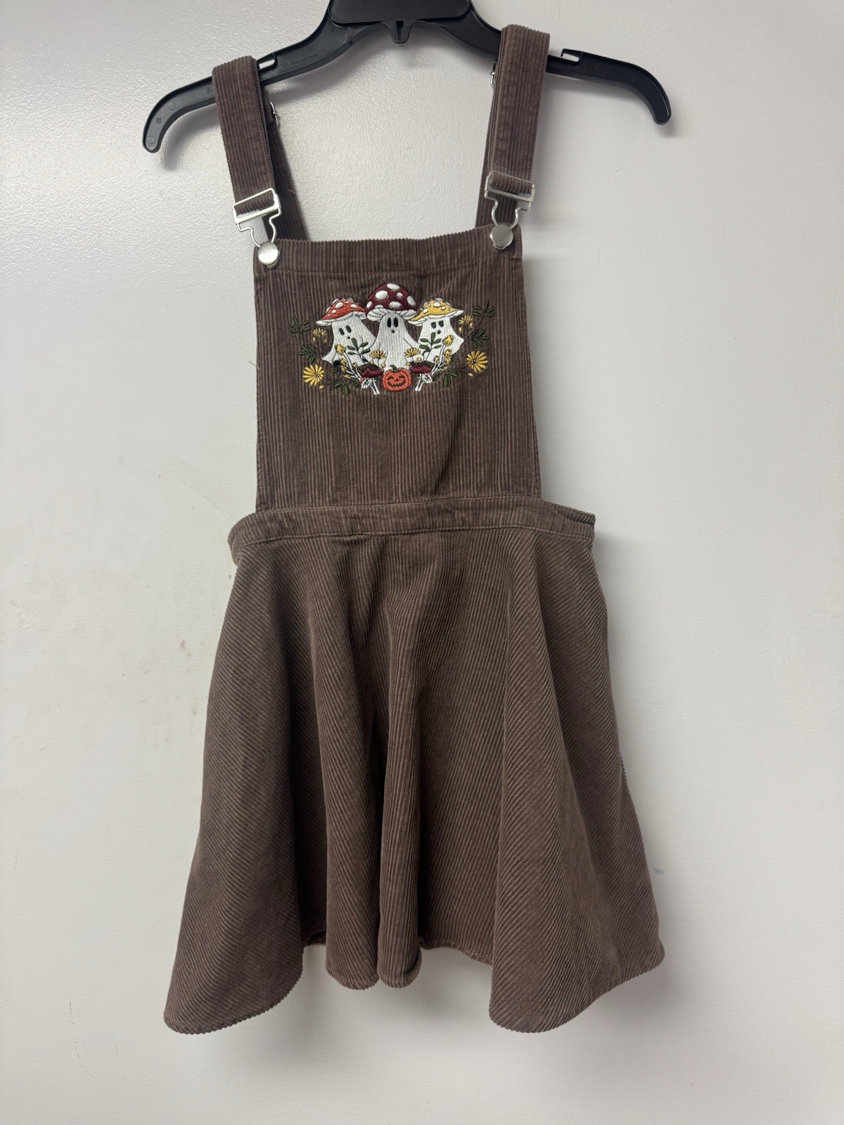 Thorn & Fable Ghost Mushroom Corduroy Skirtall Brown Embroidered S Overall Dress
