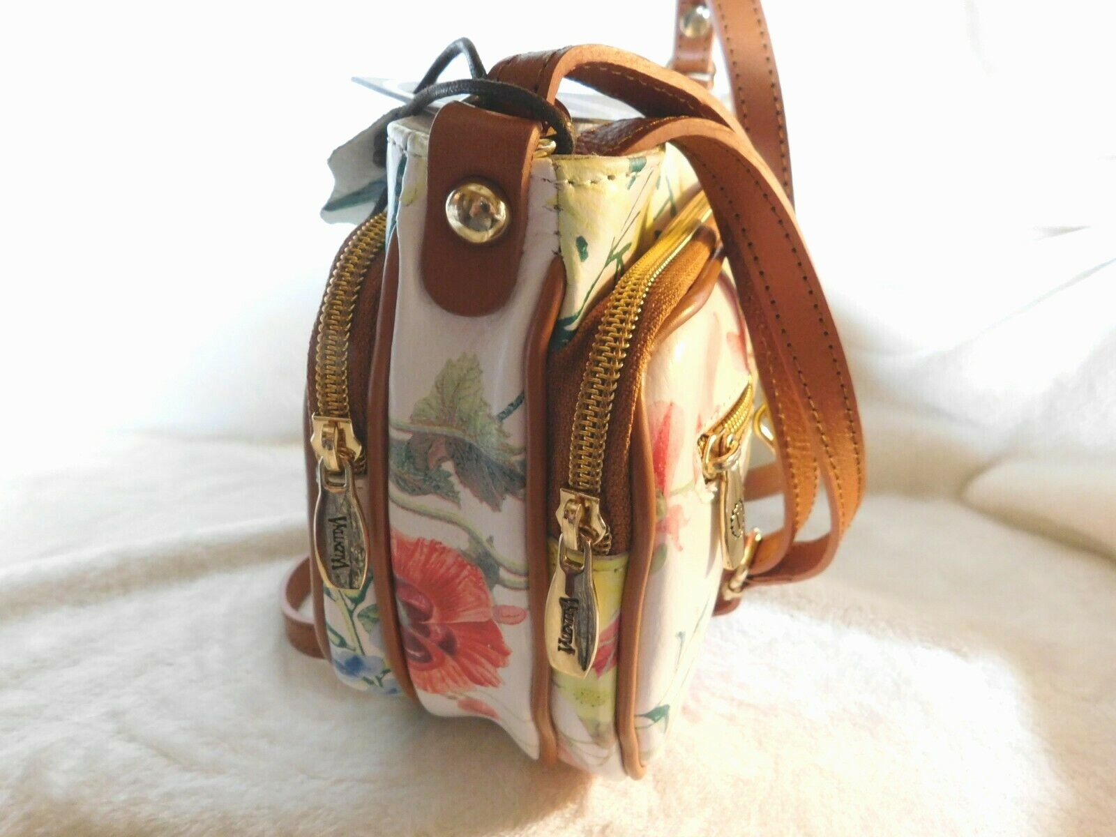 Valentina Italian Multi Entry Crossbody White + Floral Cognac Trim NWT #1
