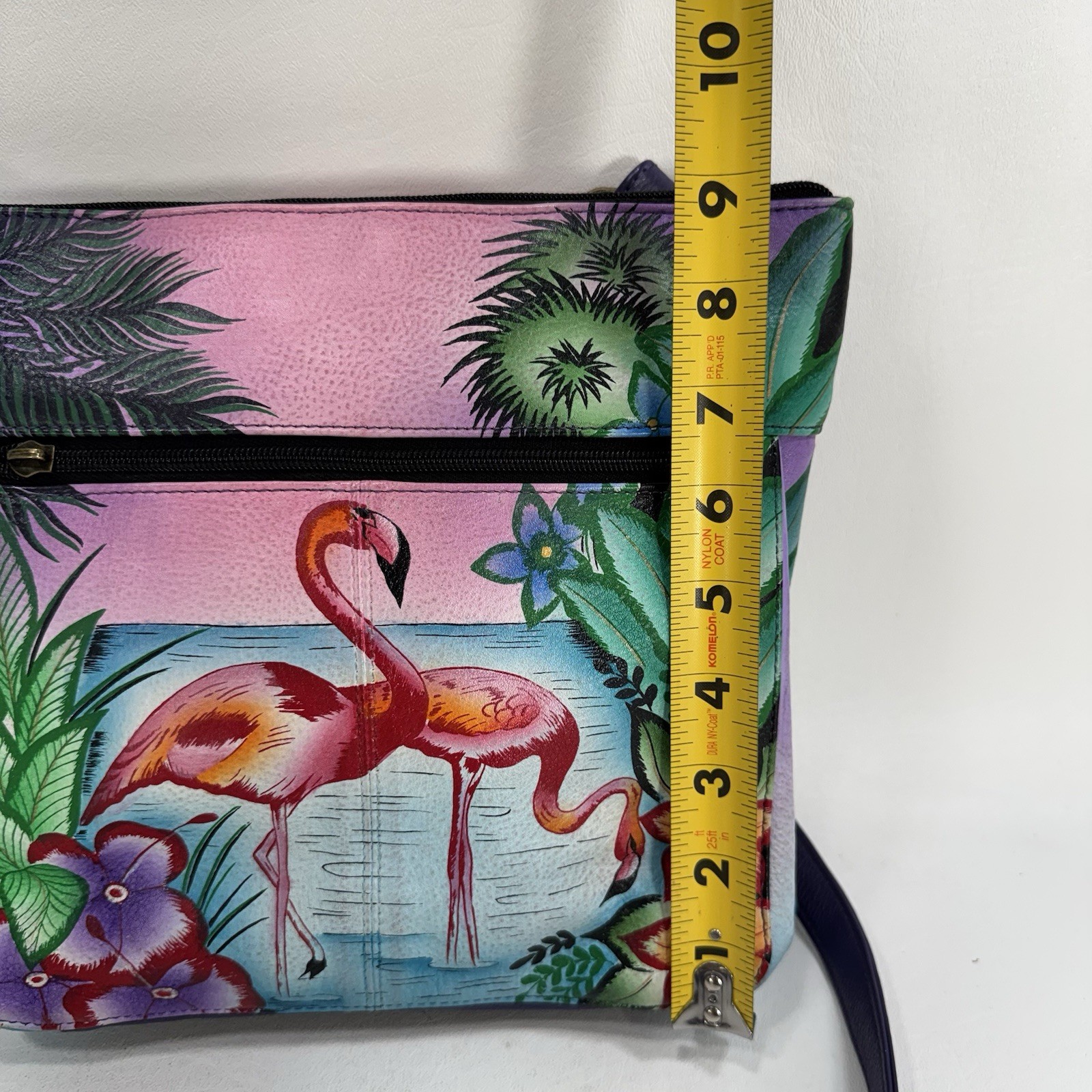 Anuschka Hand-Painted Leather Medium Crossbody Tropical Flamingos – See Details