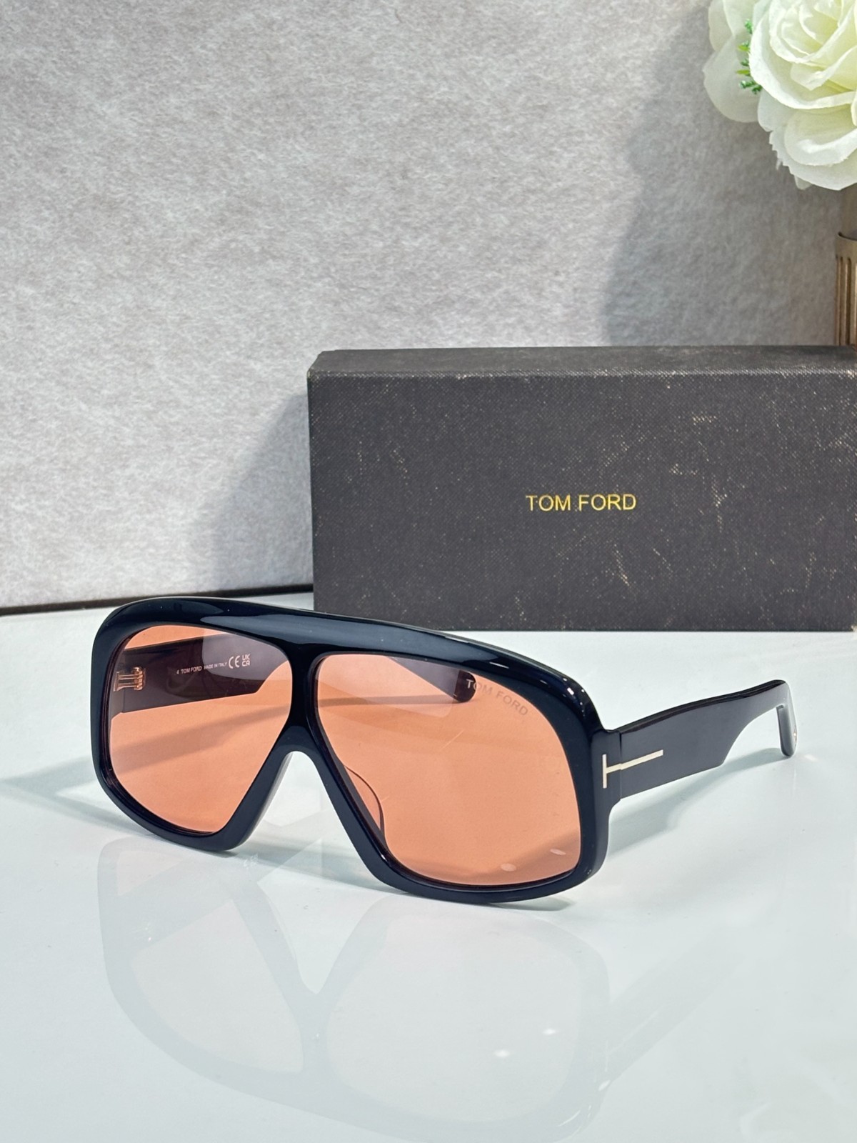 Tom Ford FT0965 Sunglasses Black Frame Brown Lenses Shield Aviator Italy