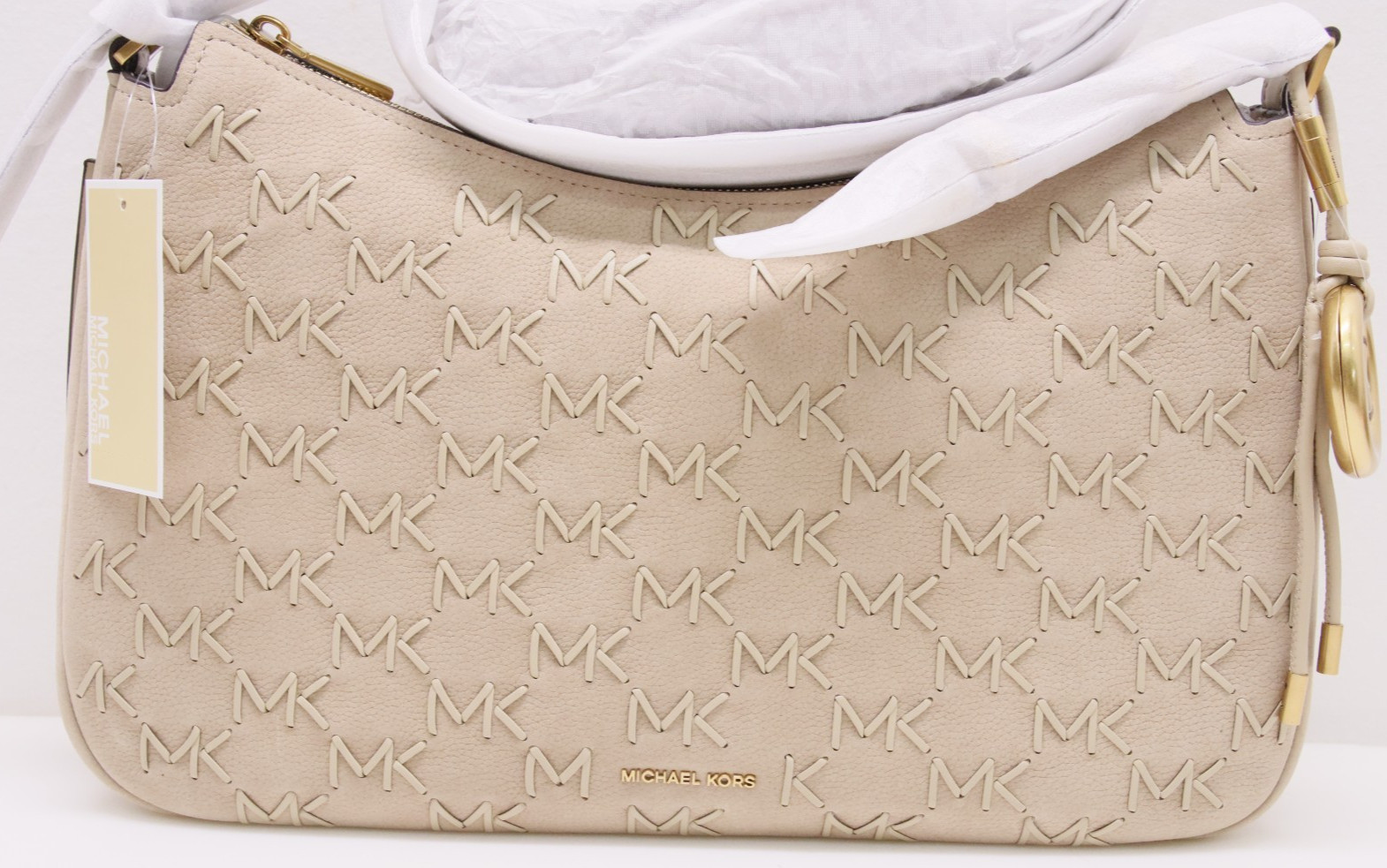 Michael Kors Nolita Medium Whipstitched Logo Leather Shoulder Bag – Khaki – New