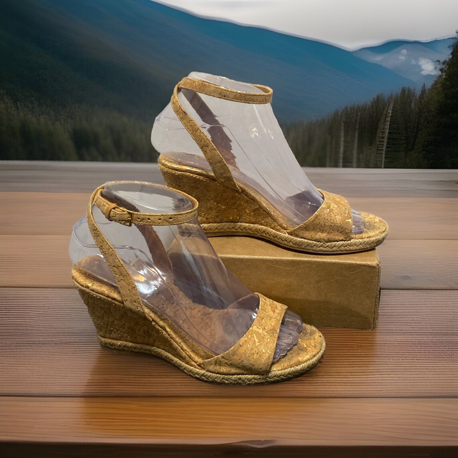 TORY BURCH Quilted Cork W/Gold Espadrille Wedge MARION Sandals Ankle Wrap Sz 6 M