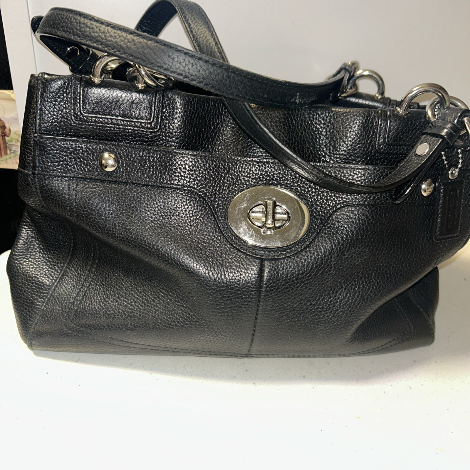 Coach F16531 Penelope Black Pebbled Leather Silver Detail Satchel Handbag