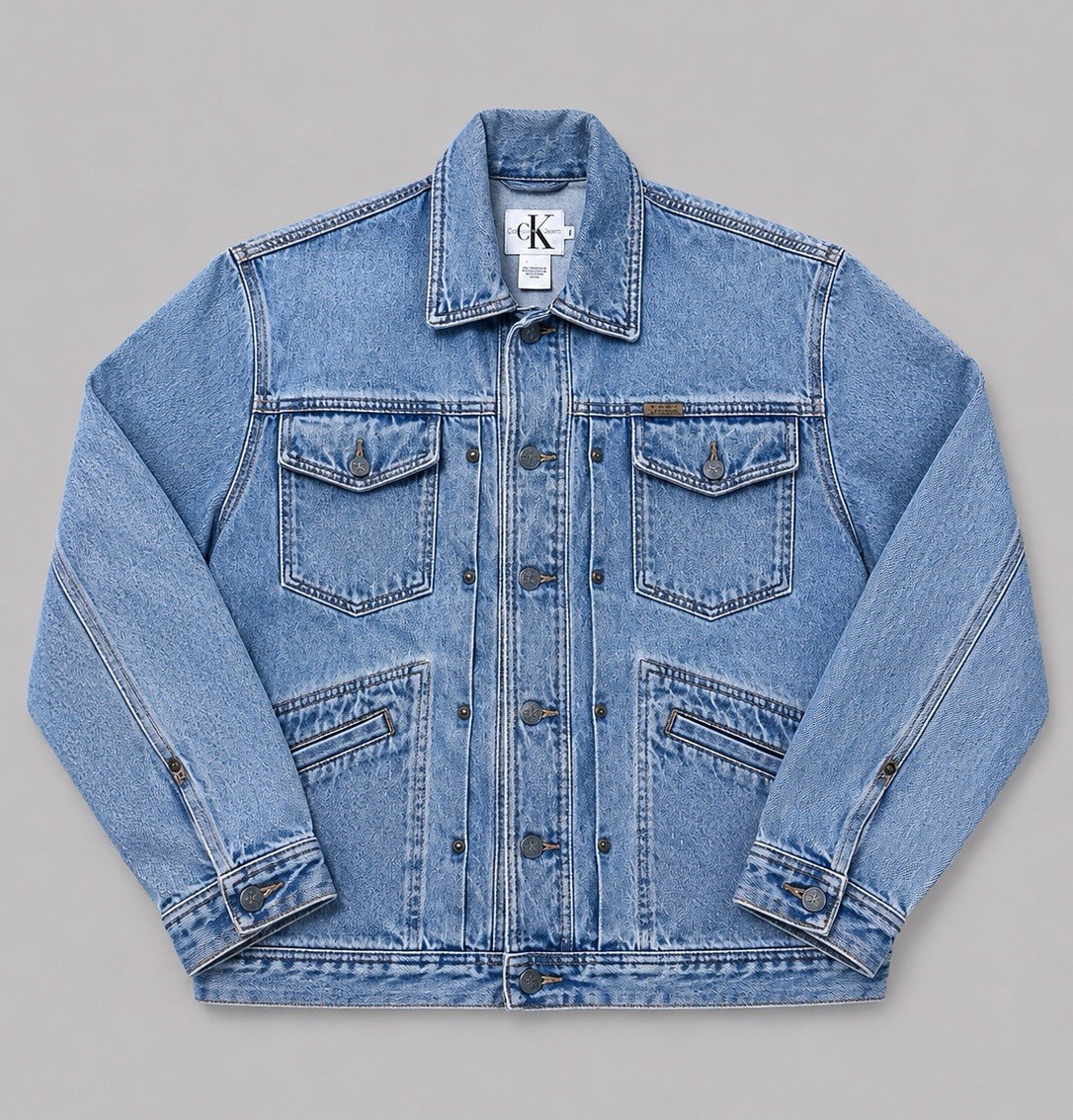 Calvin Klein Jeans Men’s S Blue Denim Jacket Button Front Point Collar Logo