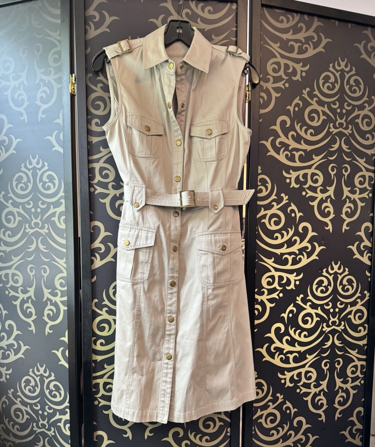 Calvin Klein Women’s Beige Sleeveless Collared Shirt Dress Pockets Belt 4