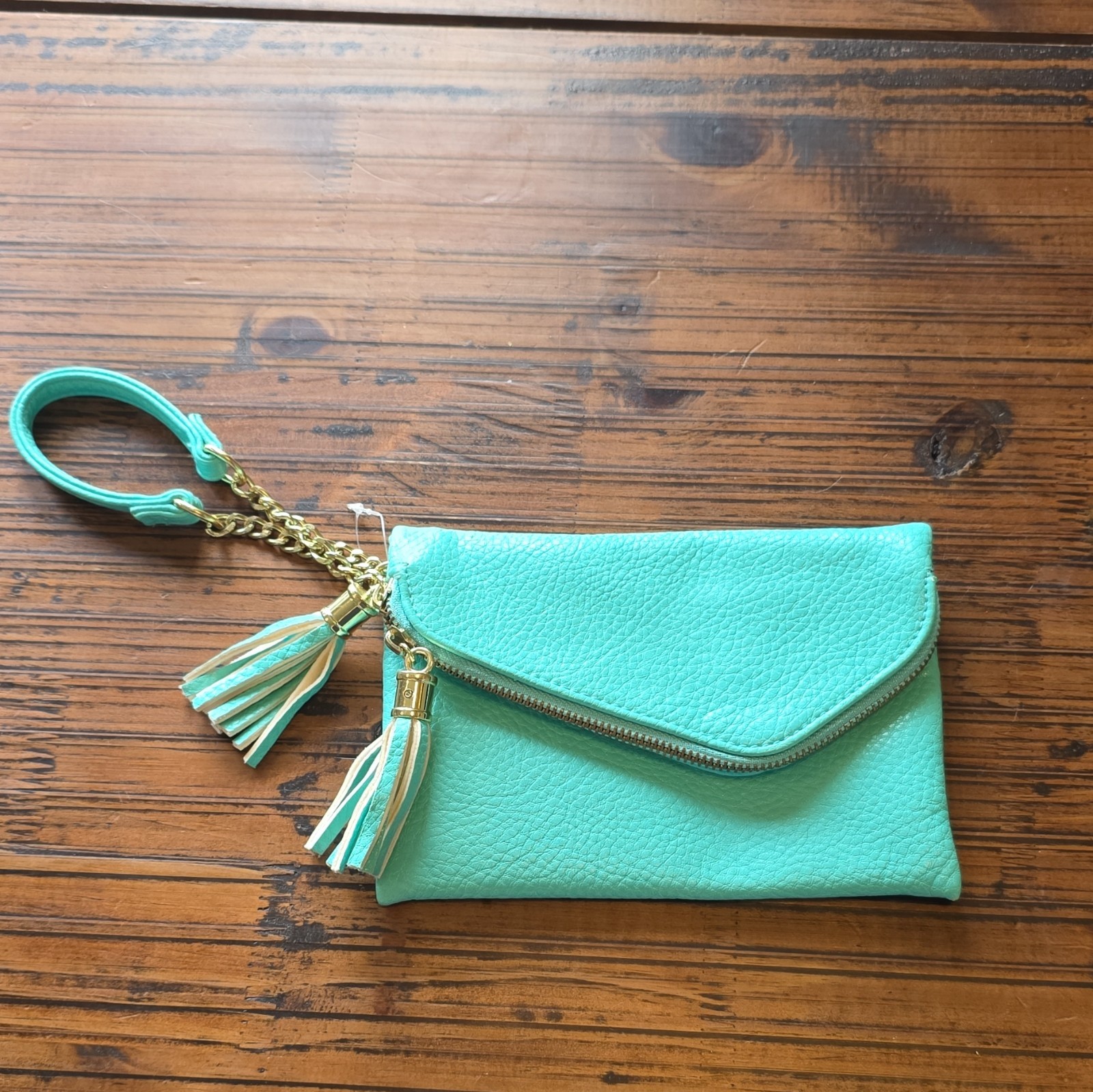 Maurices Women’s Turquoise Pebbled Wristlet Clutch, Zip/Snap, Tassel, Gold Chain