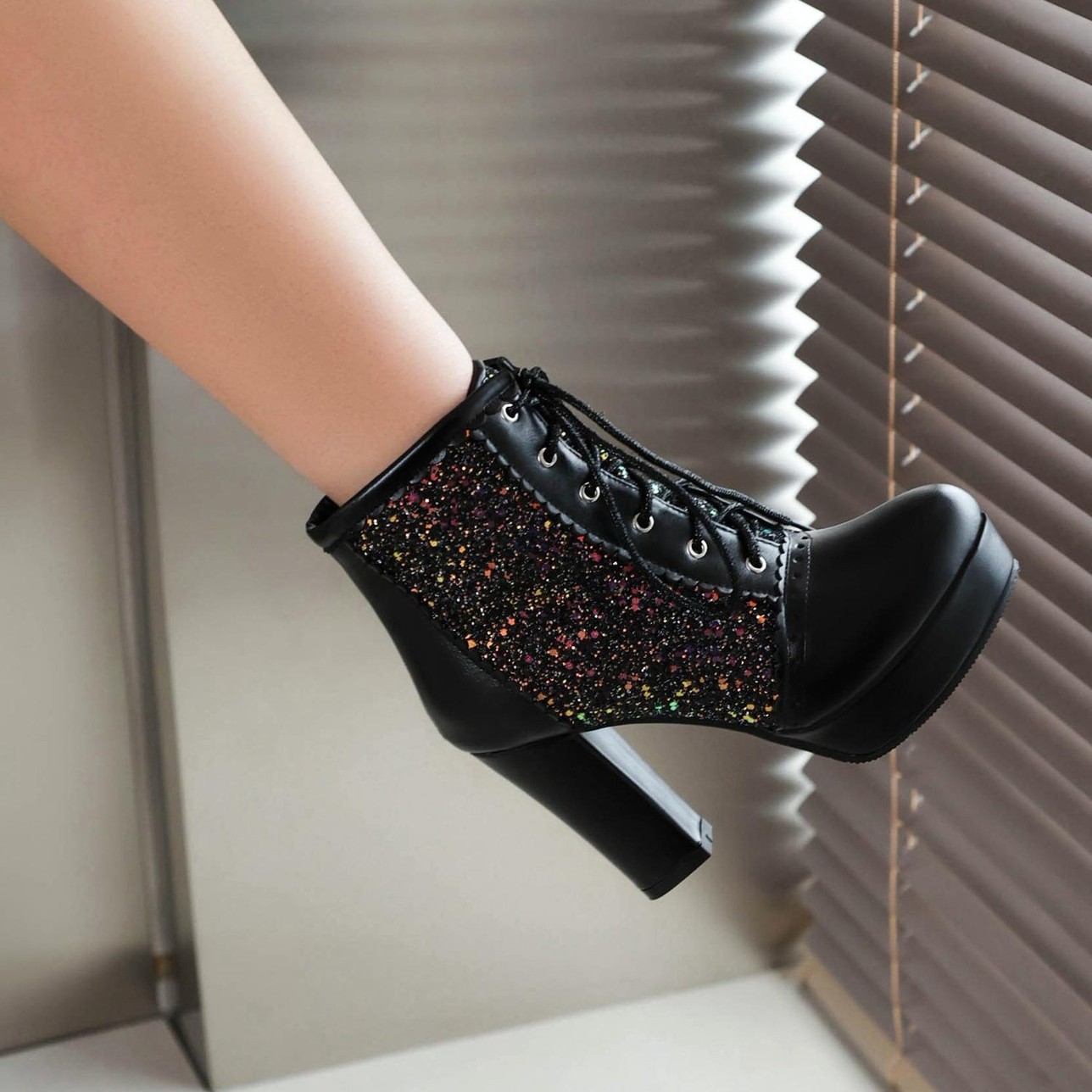Ankle Boots High Heel Glitter Sequin Shiny Leather Platform Women’s Shoes Stage