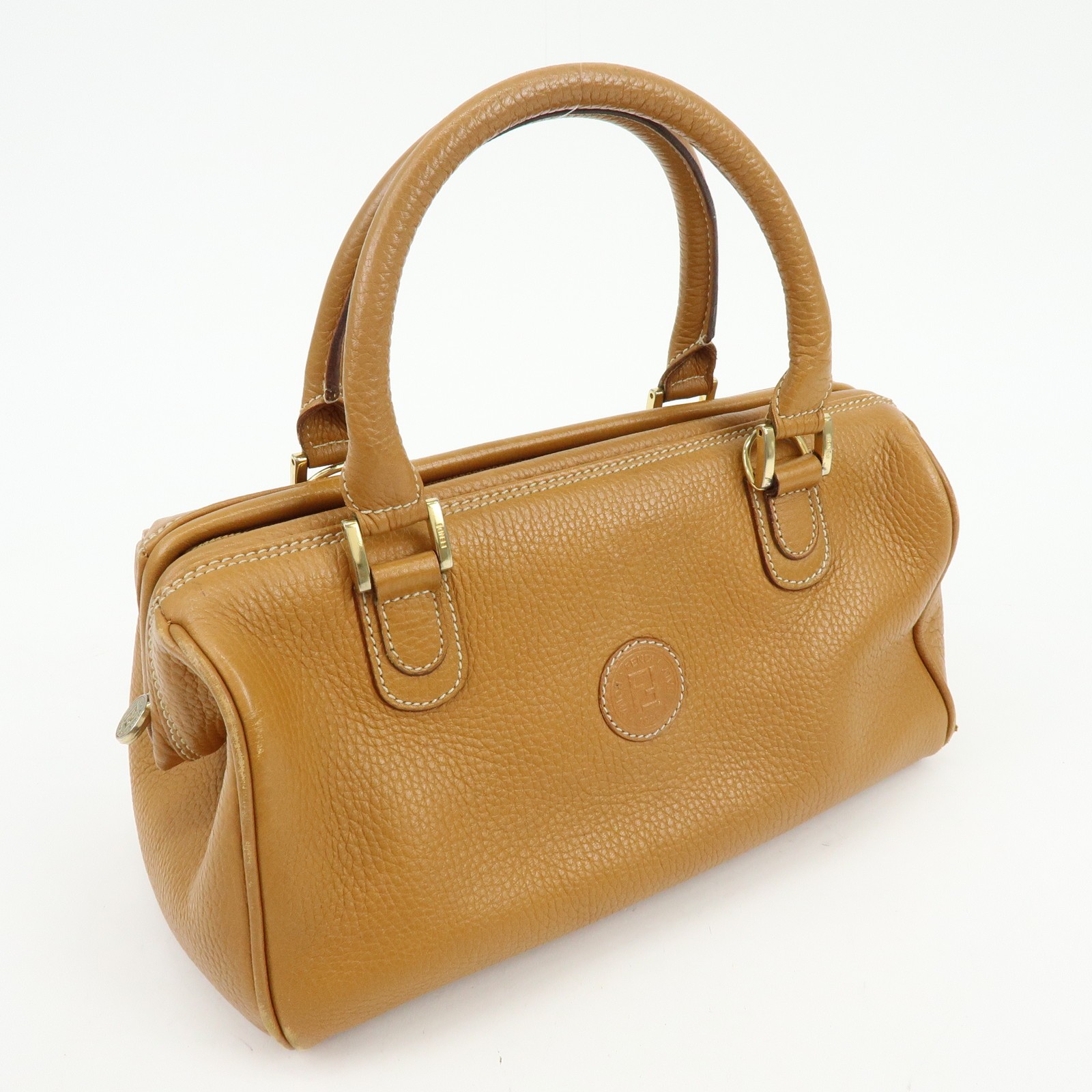 FENDI FF Logo Leather 2Way Bag Hand Bag Boston Bag Camel Authentic Used F/S