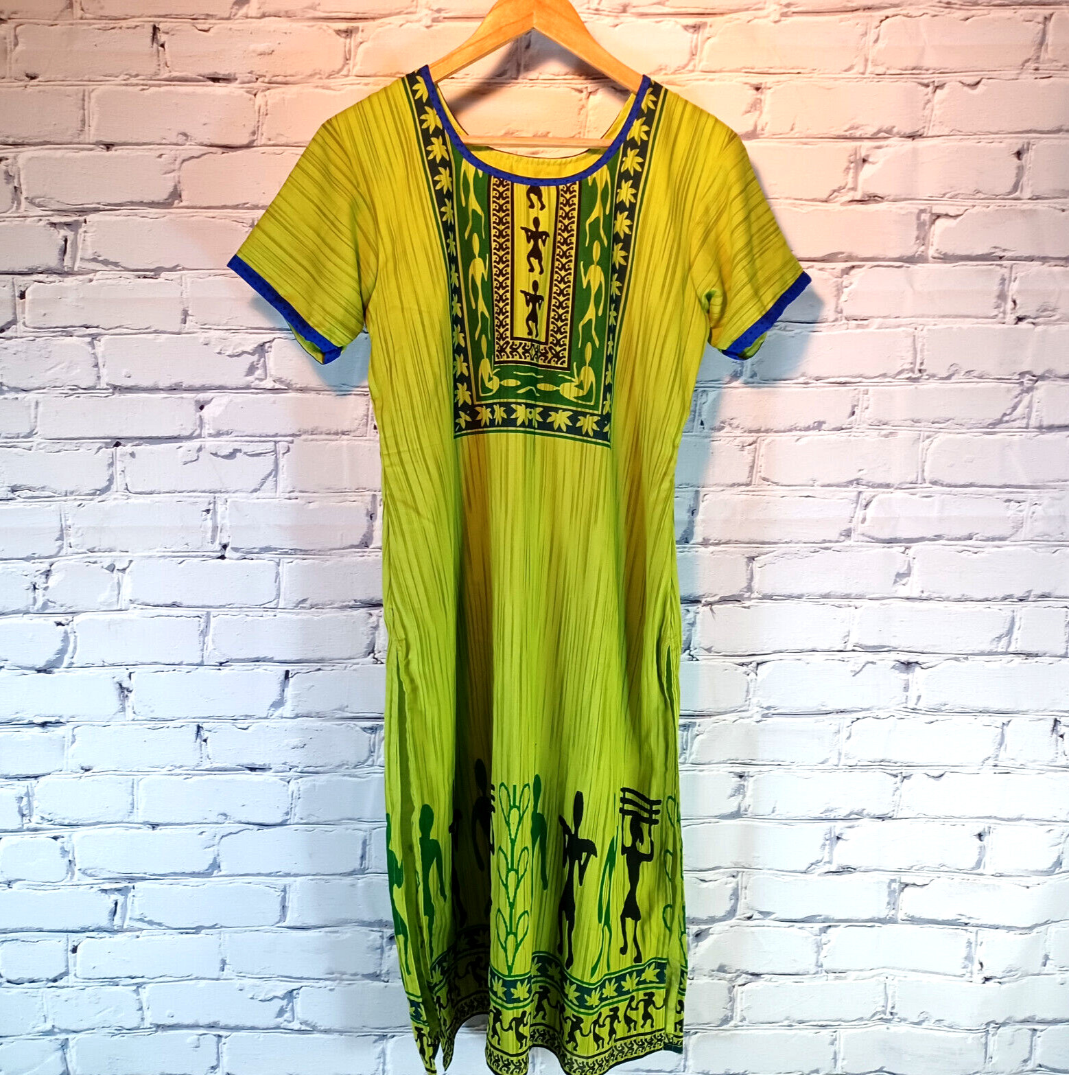 Green Spring Dress W/ Blue Trim & Tribal Art Print