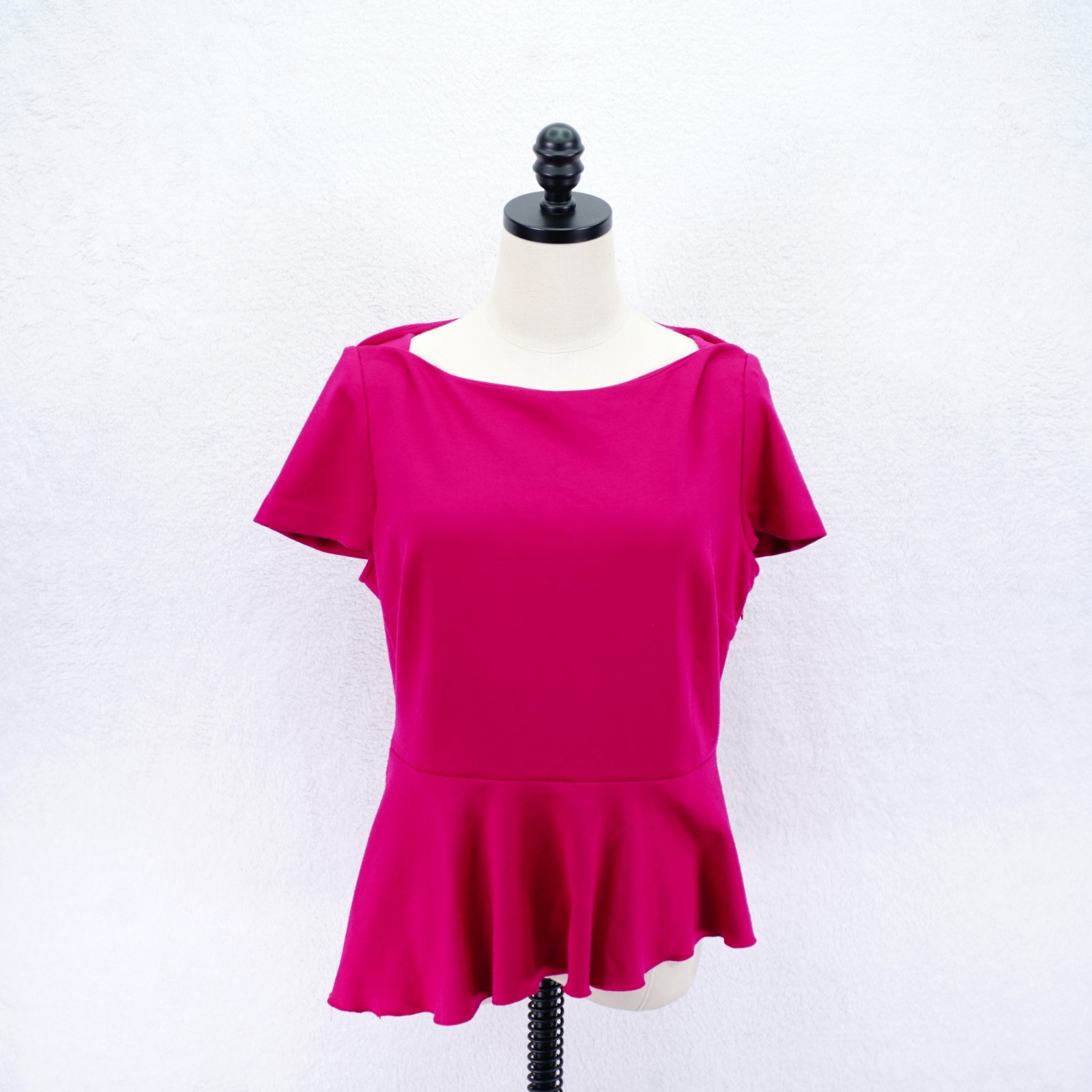 Tahari -Large- Hot Pink Peplum Top Blouse Boat Neck Short Sleeve Waist Flare