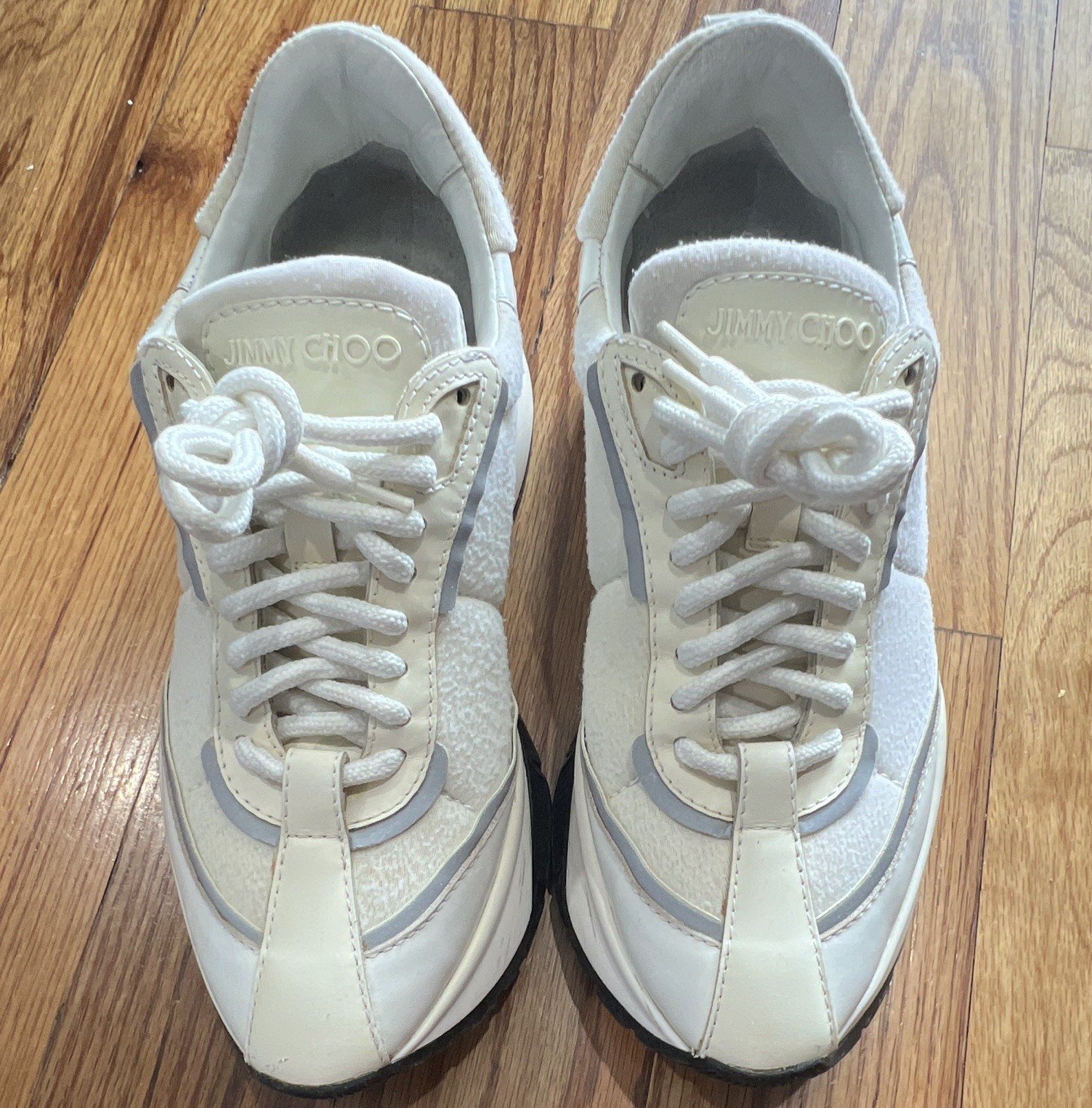 Jimmy Choo White/Black/Gray women’s Low Top Lace-Up Athletic Sneakers Logo