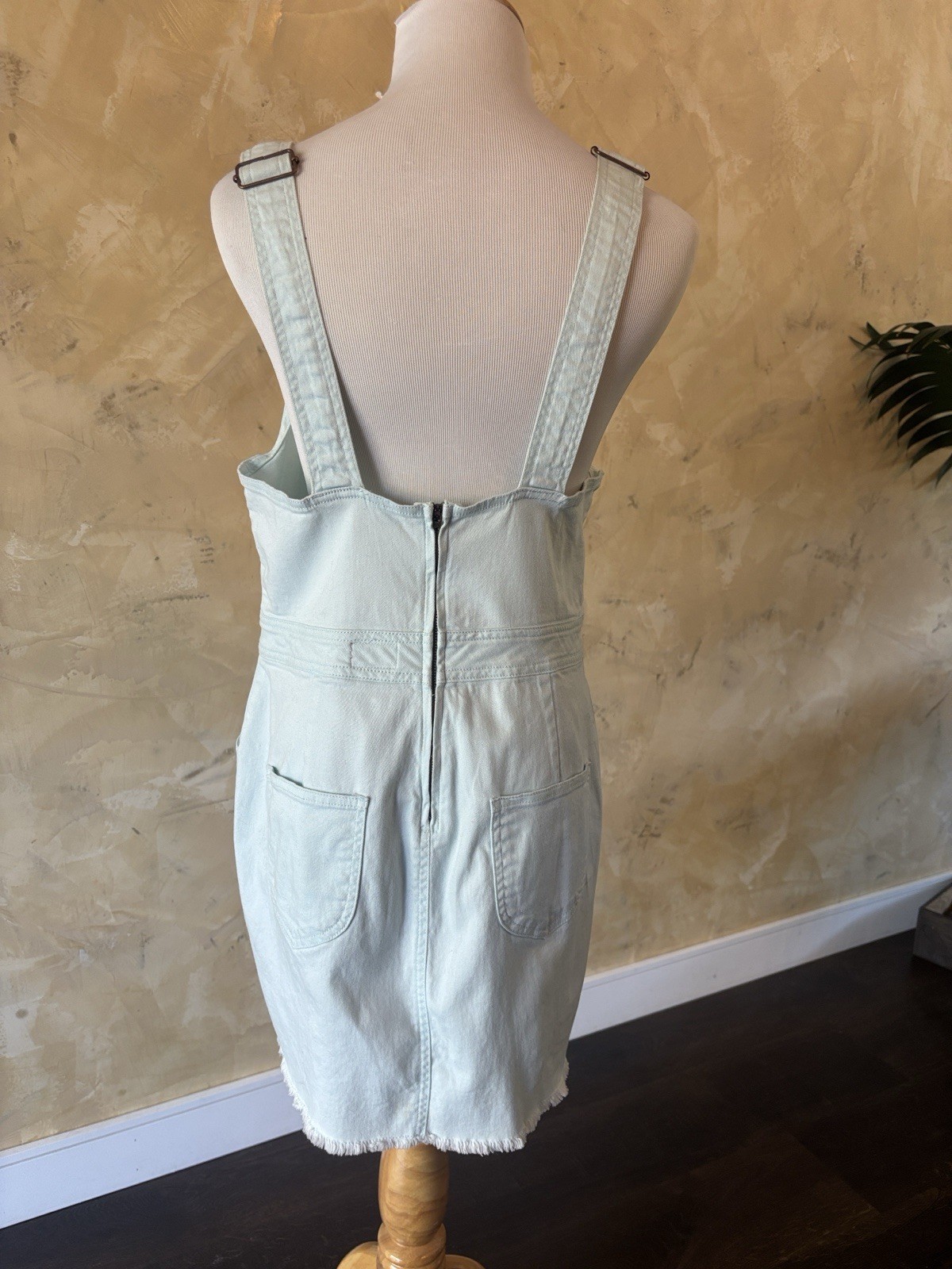 Dickies Light Blue Denim Overall Mini Dress Square Neck Zip Pockets Logo L