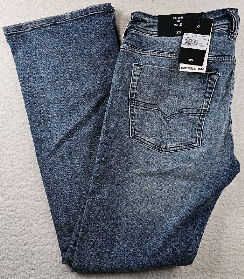 Diesel 2007 Zatiny Slim Bootcut Jeans RE021 Blue Mens 34×32 Button Fly MSRP $250