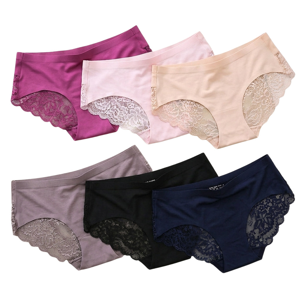6 Pack Women’s Mid-Rise Ice Silk Briefs Lace Trim Underwear Daily Wear