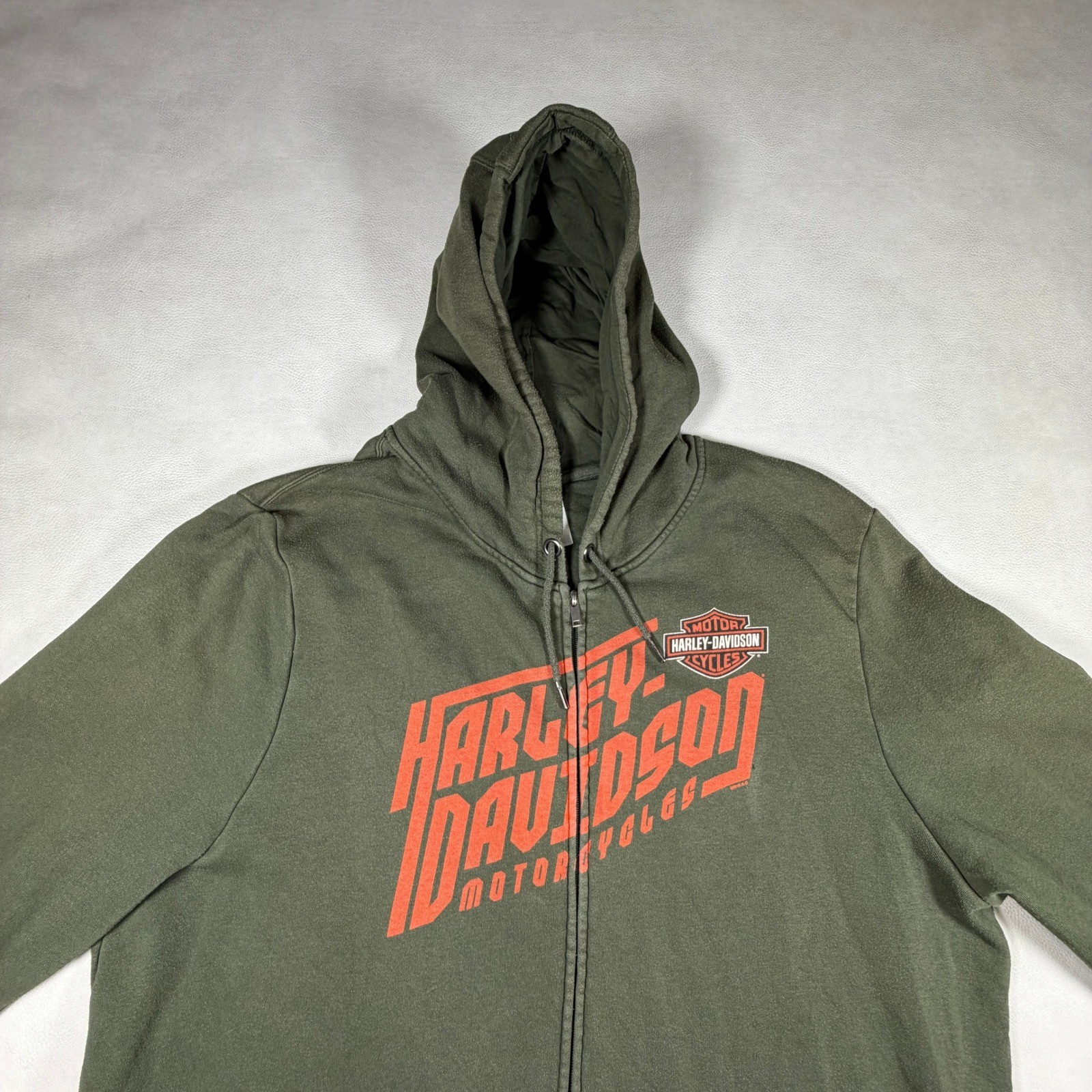 Harley-Davidson Mens Zip Up Hoodie Olive Green Orange Graphic Biker Large XL