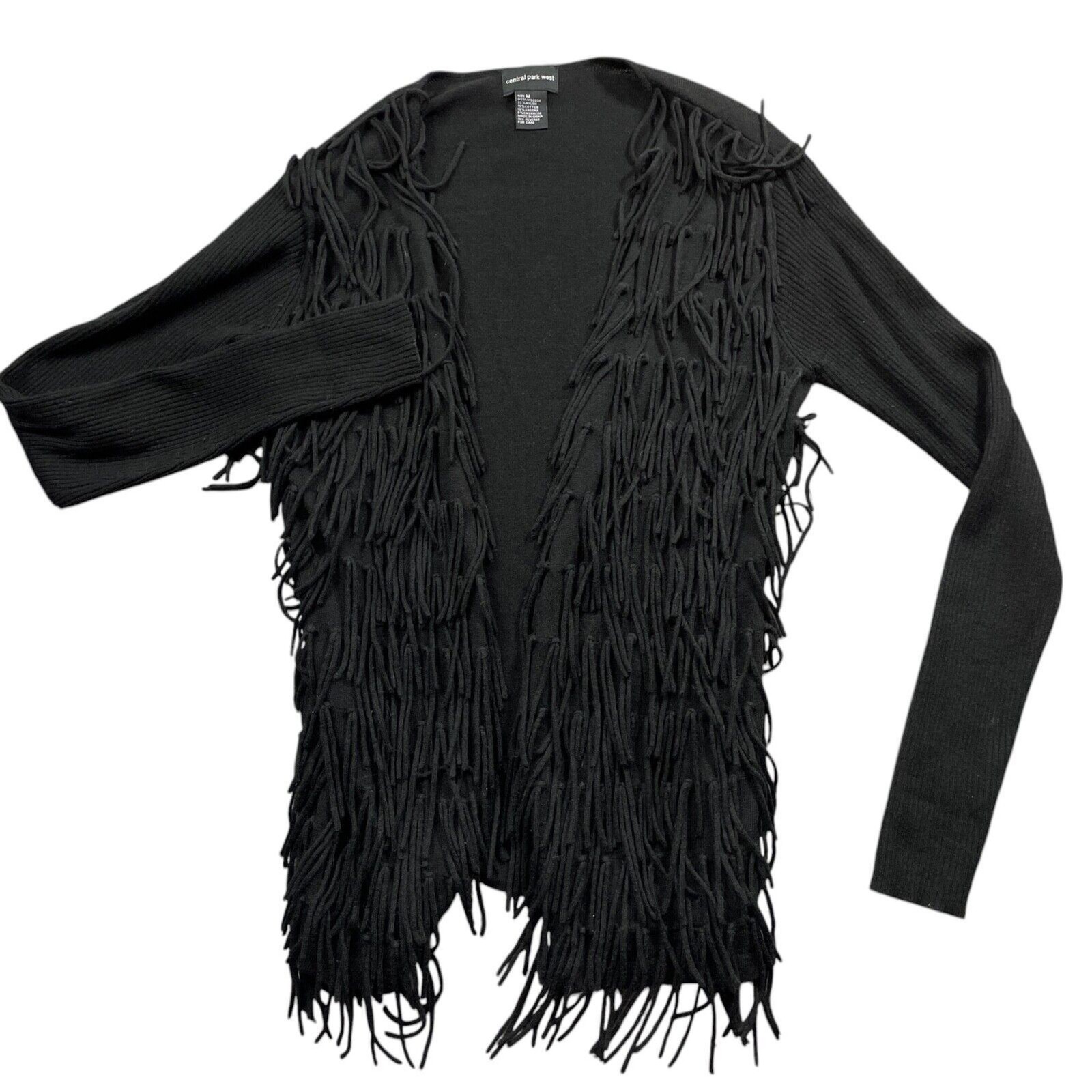 Central Park West Black Medium Sweater Fringe Front Open Front