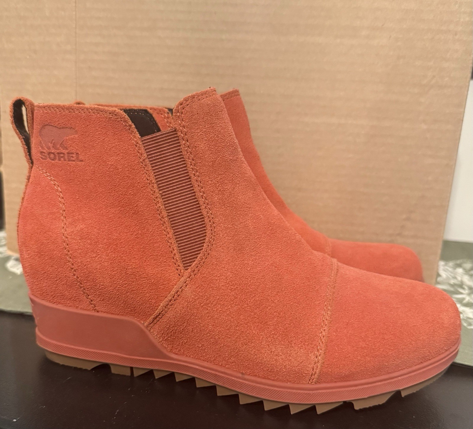 SOREL Evie Pull-On Suede Wedge Ankle Bootie in Warp Red, Size 8.5