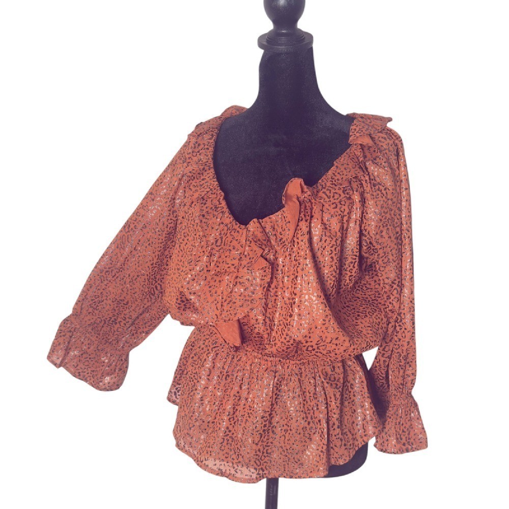 Animal Print Peplum Ruffle Top Womens S Brown Indie Sleaze Shimmer Blouse NEW