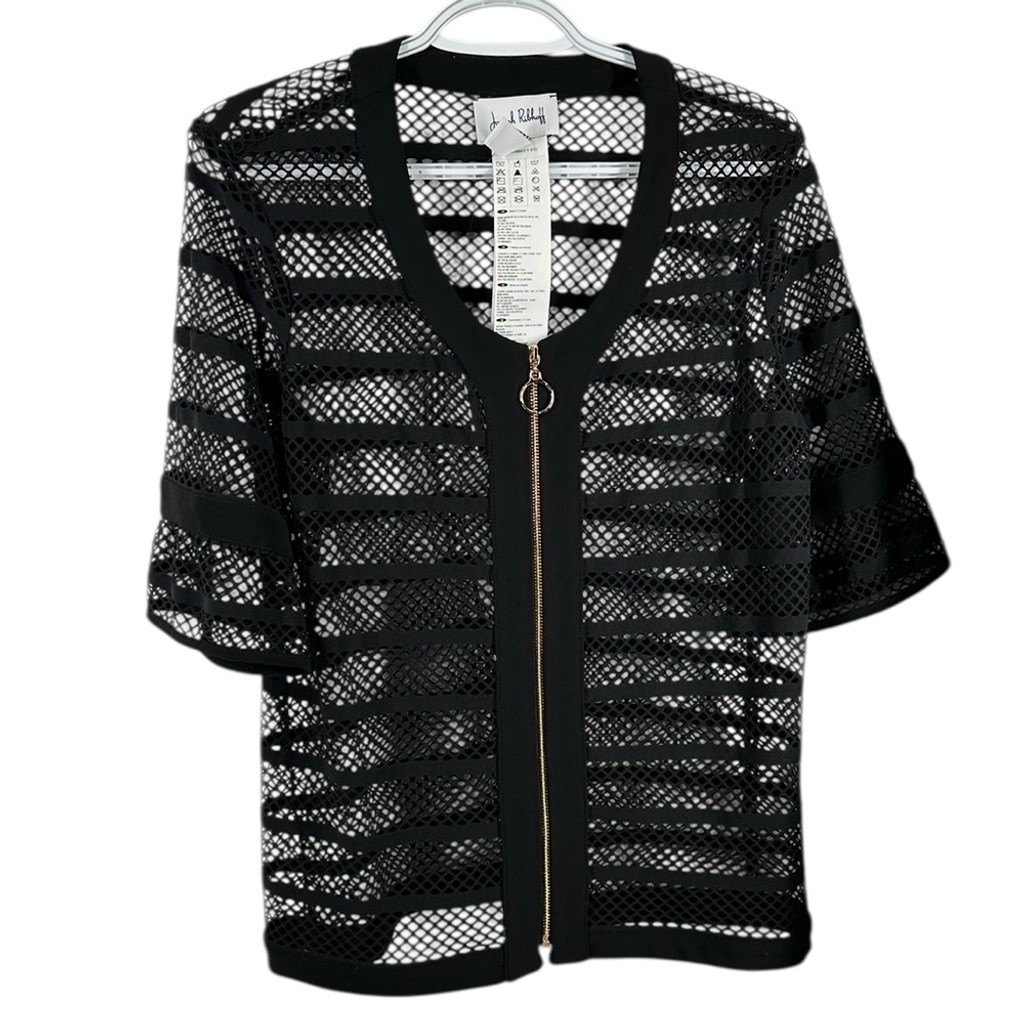 Joseph Ribkoff Mesh jacket short sleeve zip detail gold zip up elegant sz 10 NWT