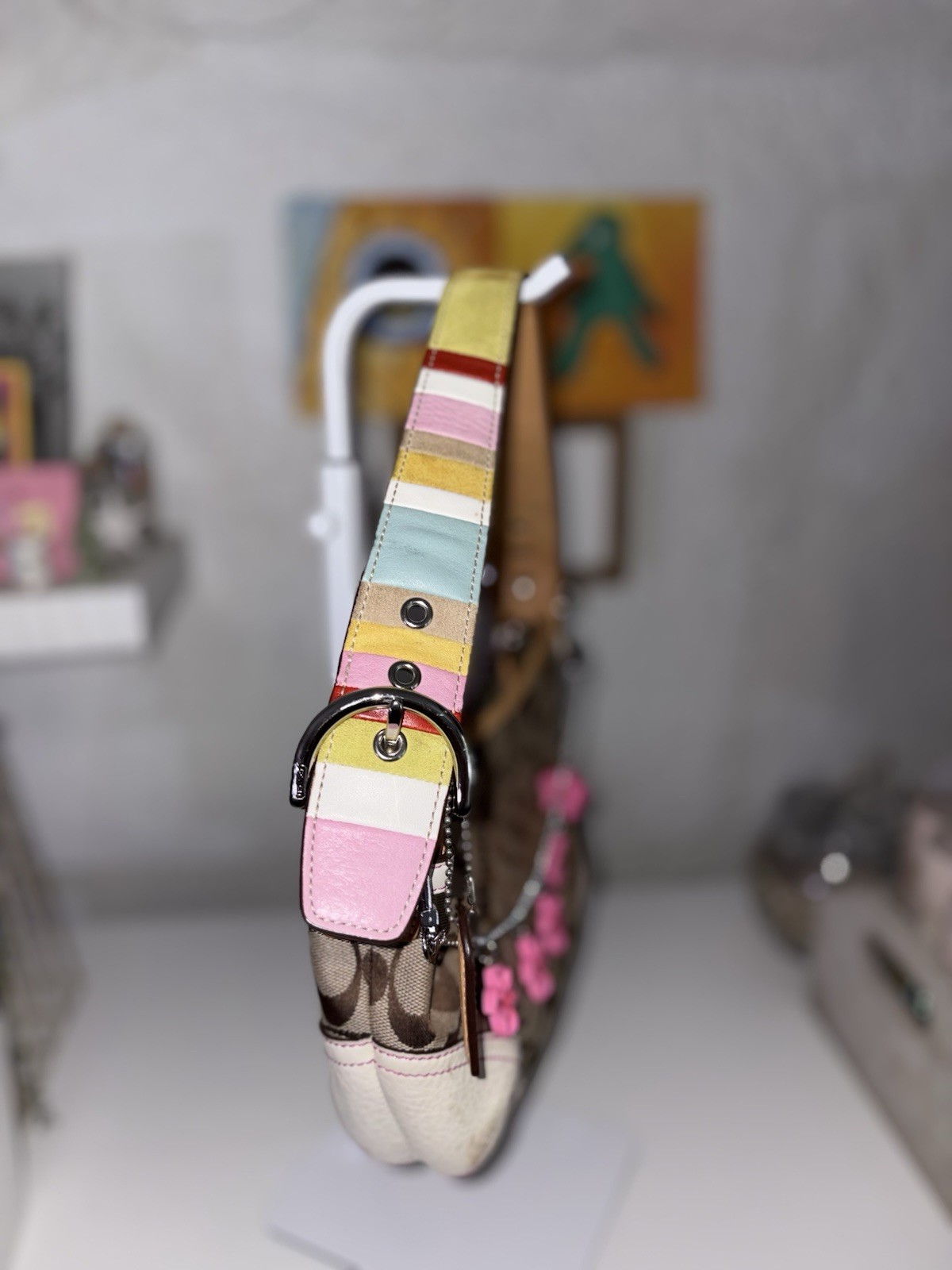 Coach Signature Soho Crescent Shoulder Bag Zip Stripe Strap Charm