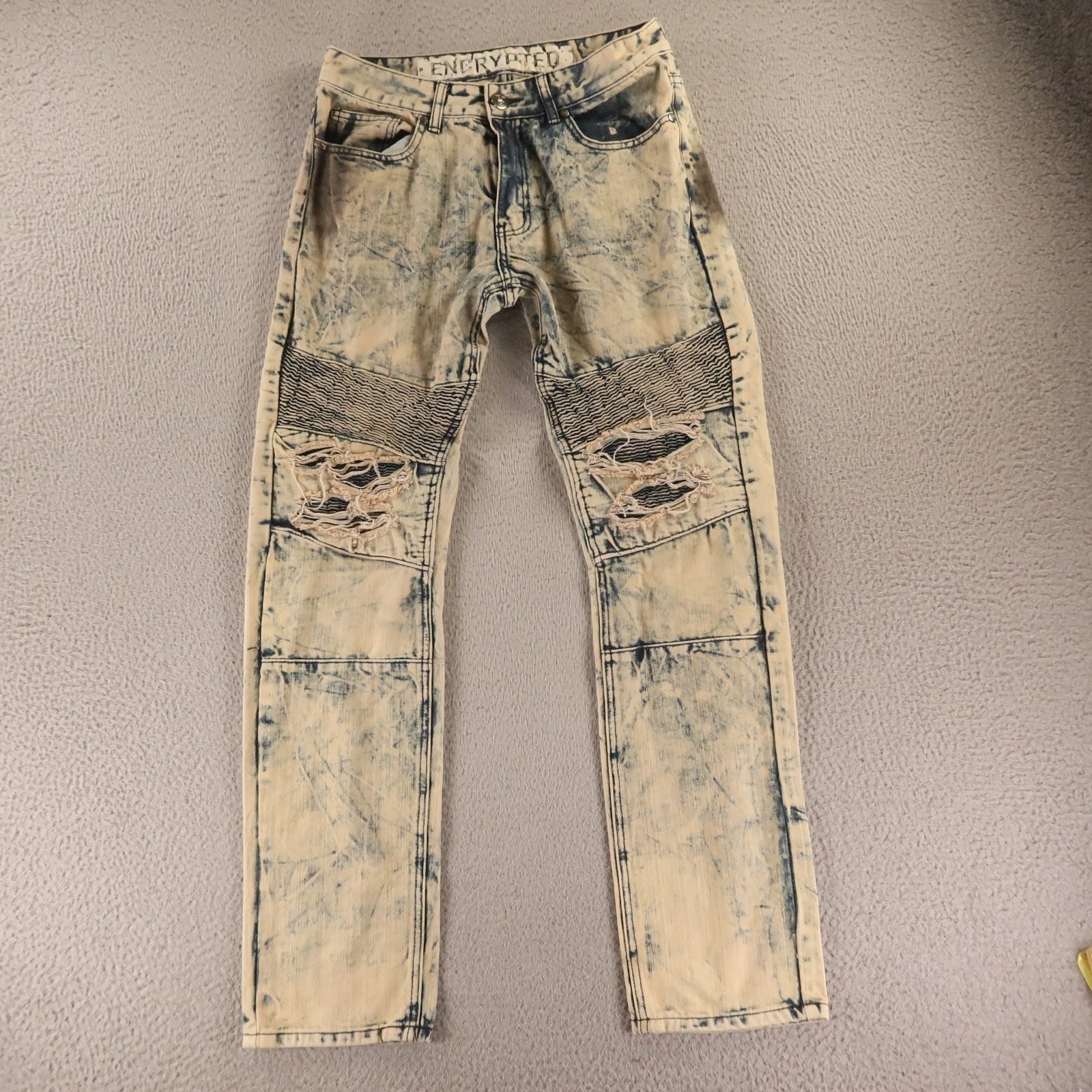 Encrypted Jeans Mens 32×32 Blue Acid Wash Cotton Moto Jeans Biker Jeans Punk