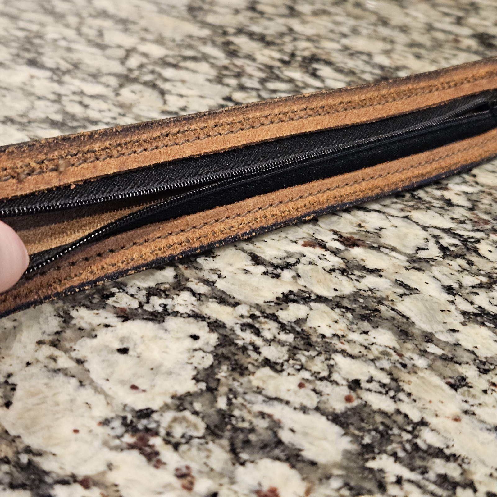NWOT Rare Chambers Leather Money Belt 38 Brown Basketweave USA Hidden Zip, 1.5″