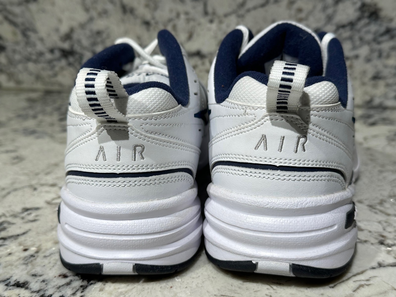 NIKE AIR Monarch IV Cross-Training Shoes WHITE & NAVY Men’s 8 4E 416355-102 EUC