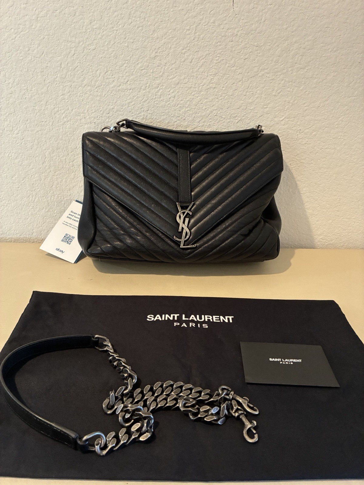 Saint Laurent Black Crossbody Bag Silver Hardware Chain Strap YSL Logo Dust Bag