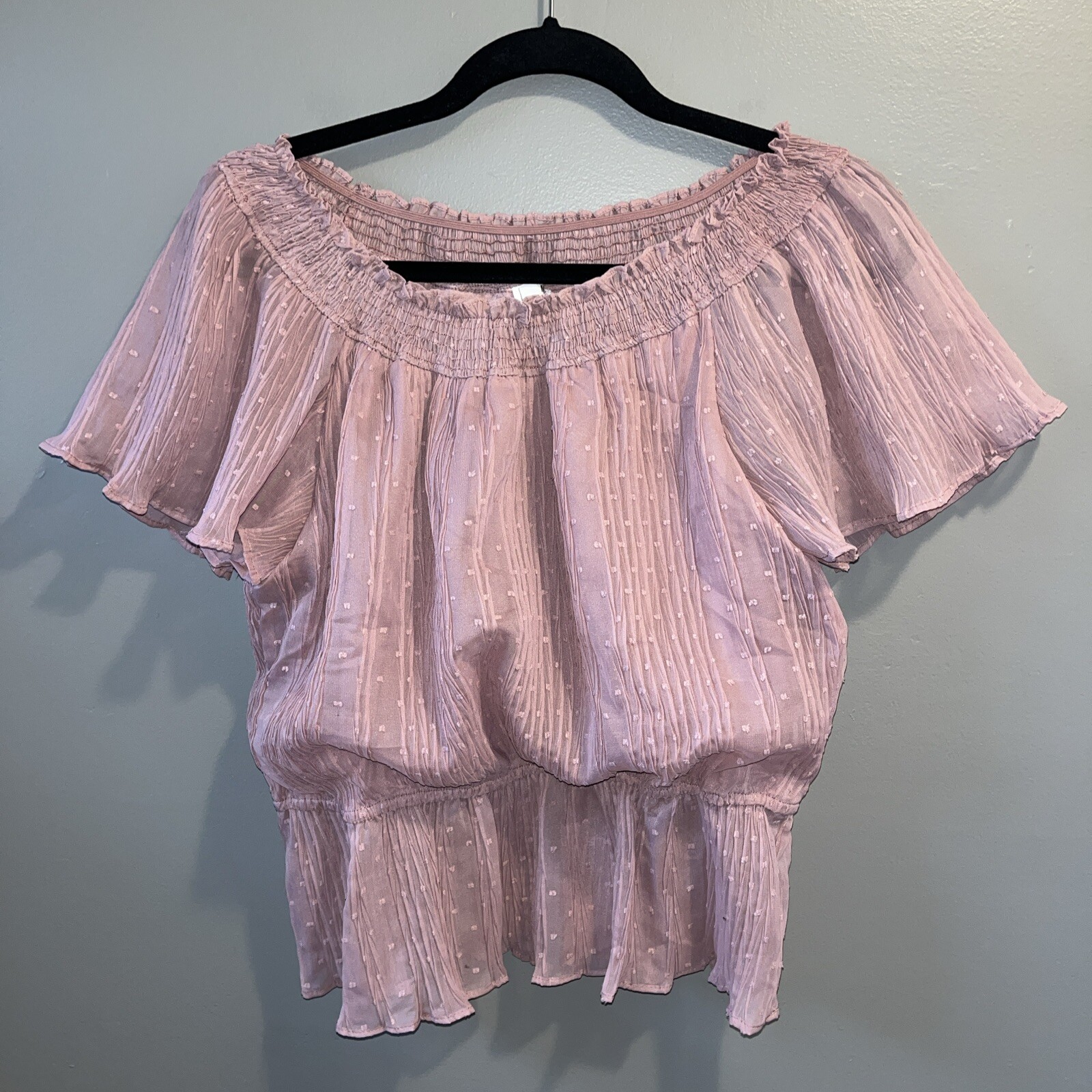 Mine Off The Shoulder Flutter Top Womens L Pink Sheer Swiss Dot