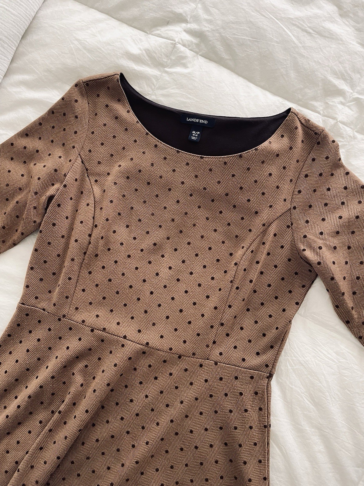 Lands’ End Women’s Brown Polka Dot/Herringbone Fit & Flare Dress MP 10-12
