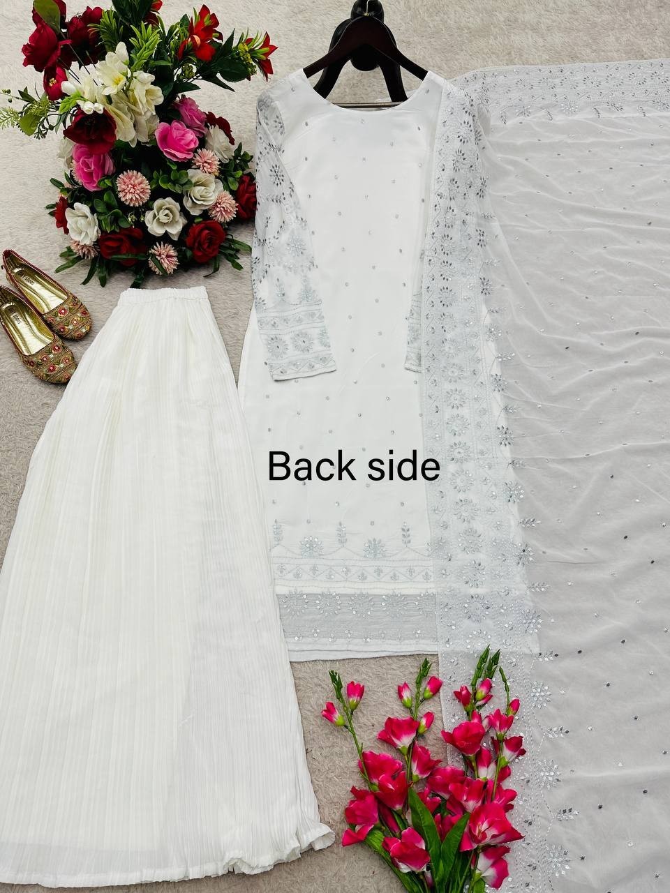 Unique Designer White Faux Georgette Kurta Palazzo With Dupatta For Women