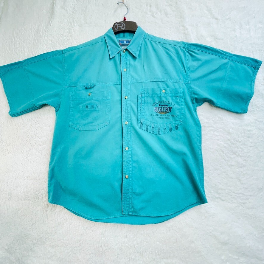 Rare Vtg 90s Bugle Boy Global Challenge Shirt Mens Sz Med. Teal Chambray Cotton