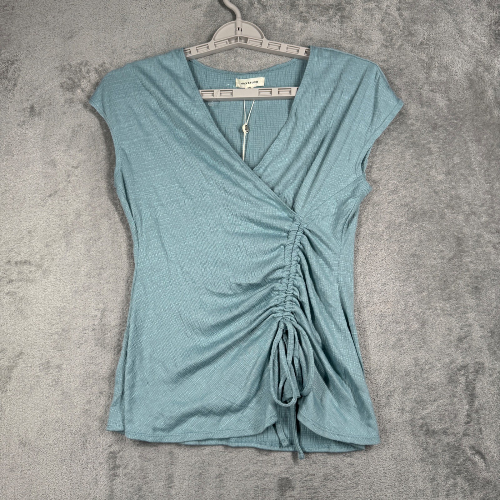 Max Studio Blouse Womens XS Mineral Blue Ruched Wrap Top Sleeveless Stretch