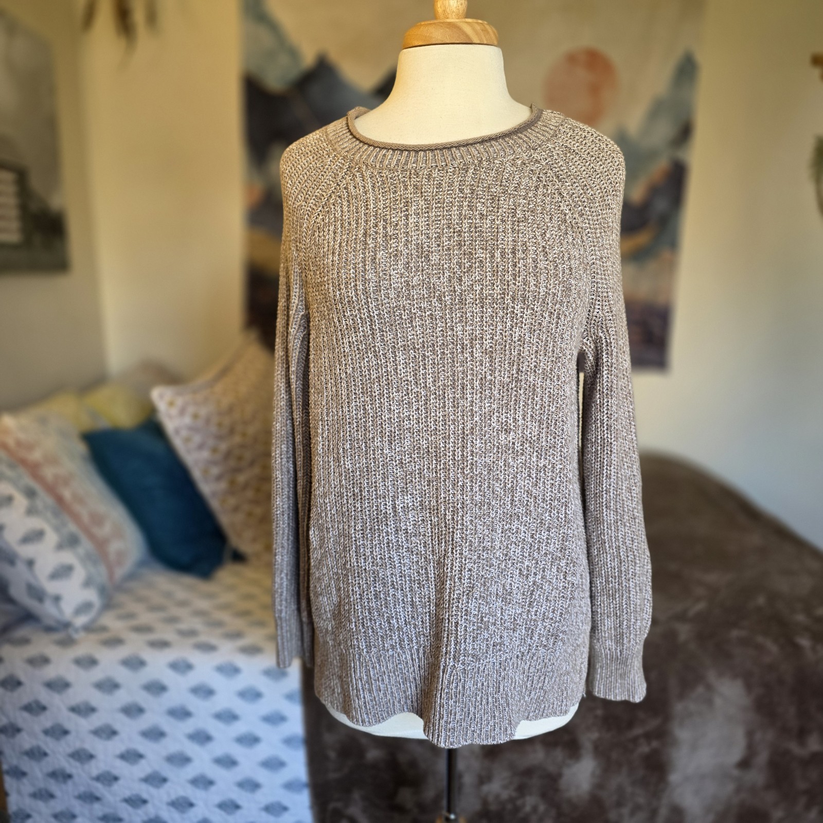 Ellen Tracy Oatmeal Marl Sweater Womens Small Ribbed Knit Cotton Pullover