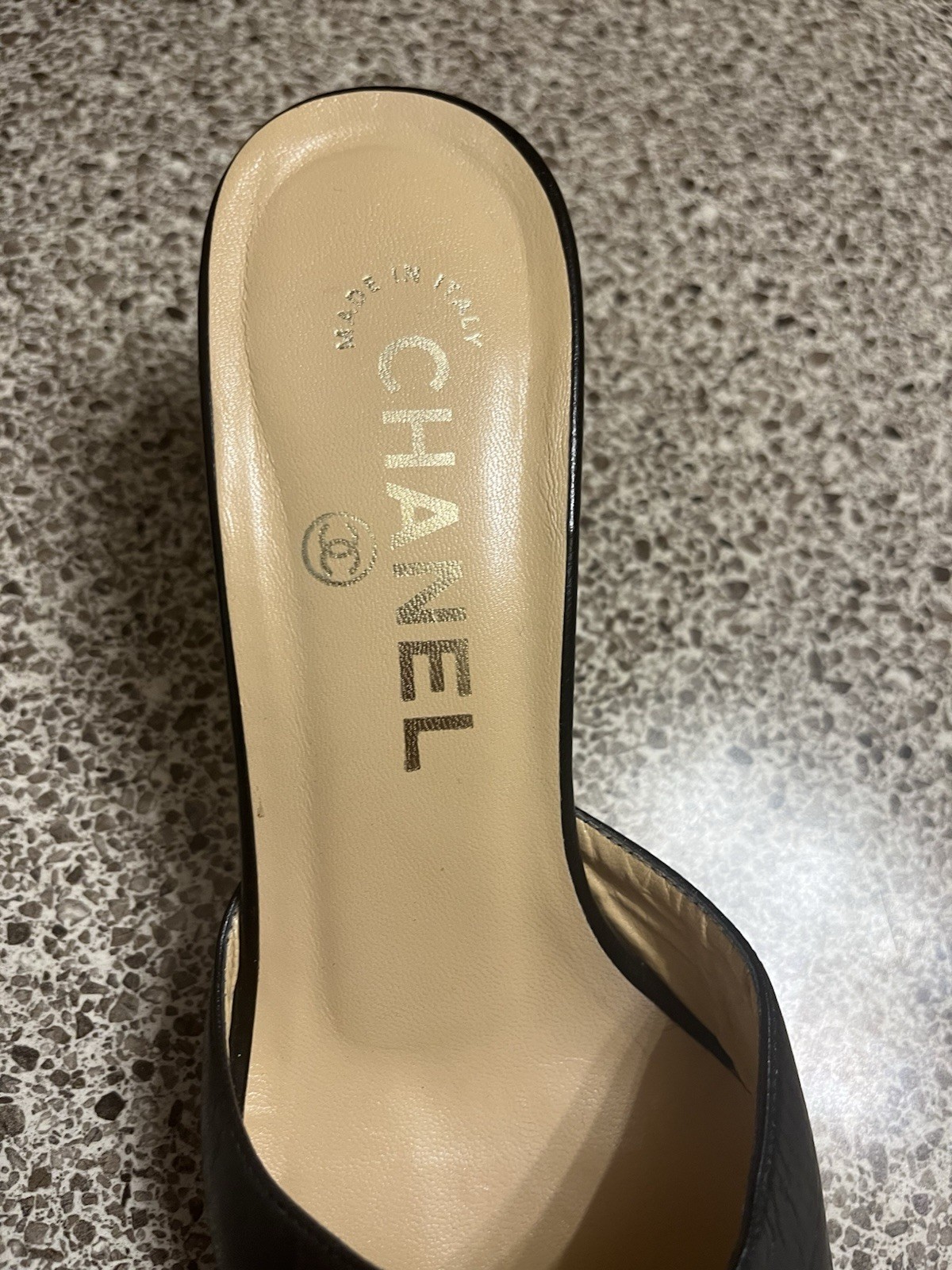 Vtg Chanel Black Leather Logo Buckle Mule Heels 35 1/2