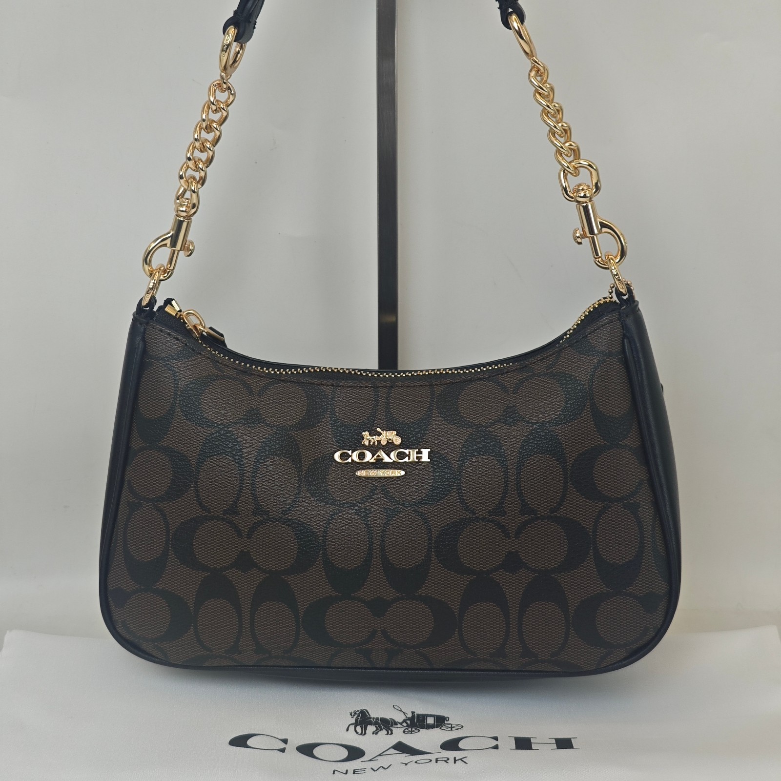Coach Teri Signature Shoulder Bag Brown Black Chain Strap Crossbody Purse Women