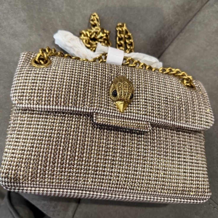 New Kurt Geiger Structured Tweed Shoulder Bag with Gold Chain – Brown & Gold