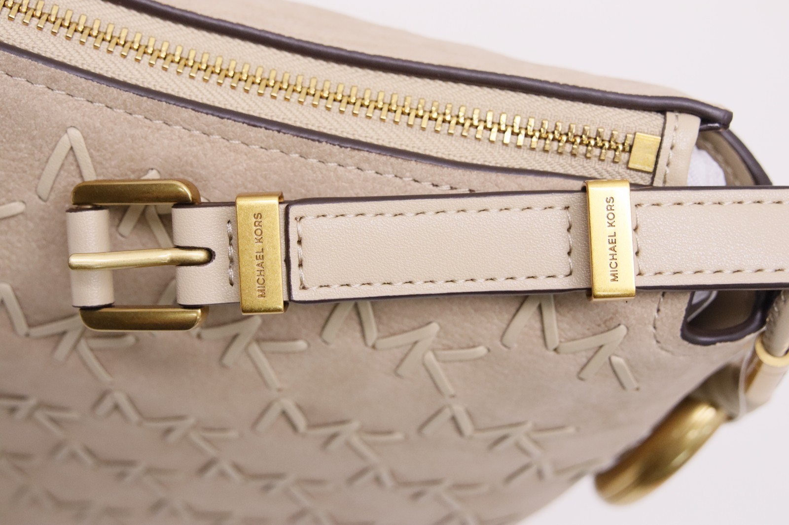 Michael Kors Nolita Medium Whipstitched Logo Leather Shoulder Bag – Khaki – New
