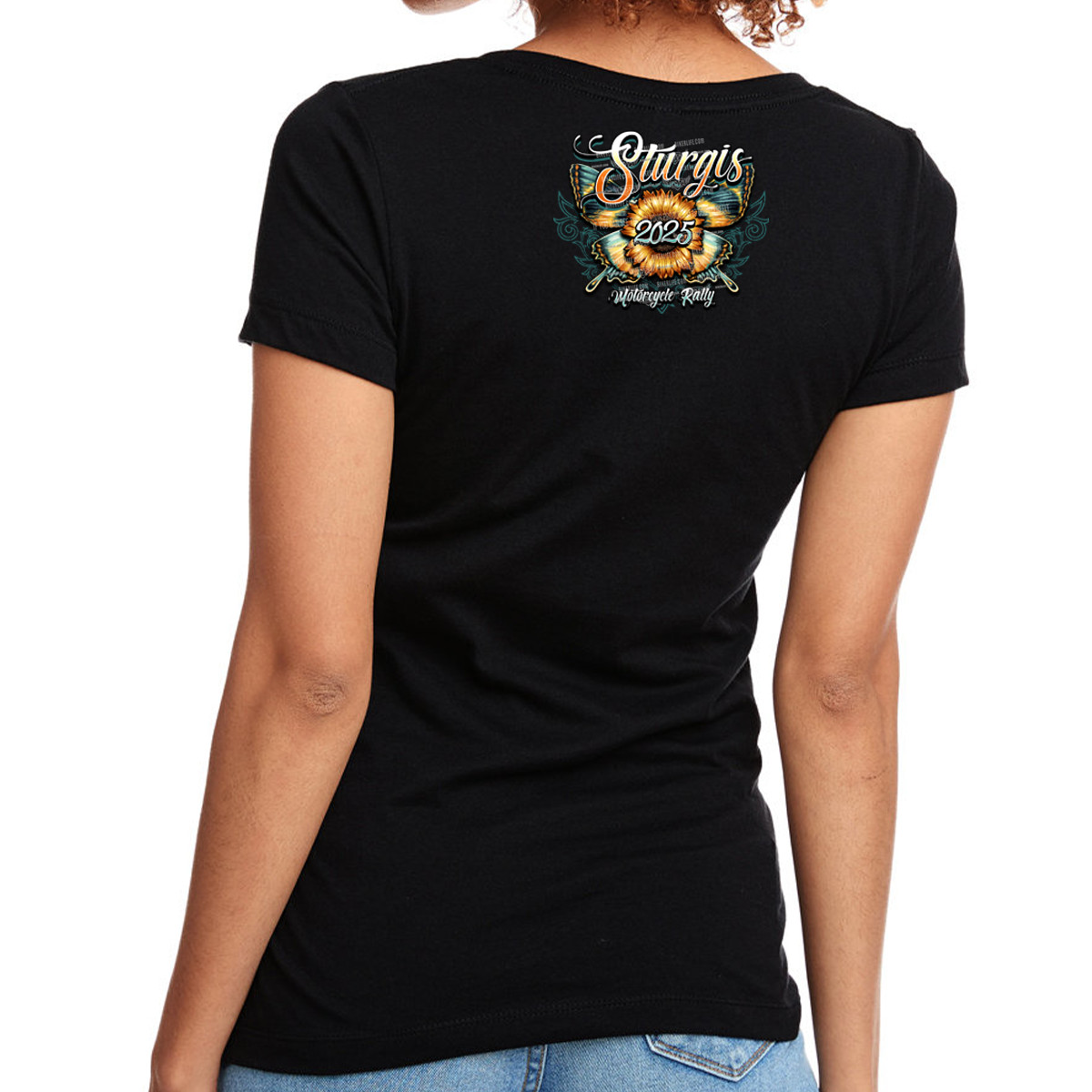 Ladies Jr. Cut 2025 Sturgis Motorcycle Rally Butterfly V-Neck Shirt No Harley