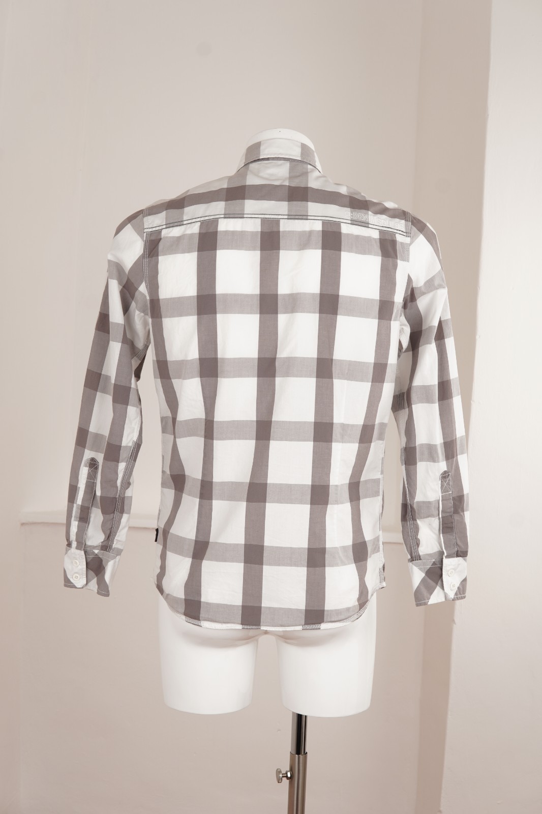 Vintage Blend Plaid Shirt Grey White Cotton Casual Mens M