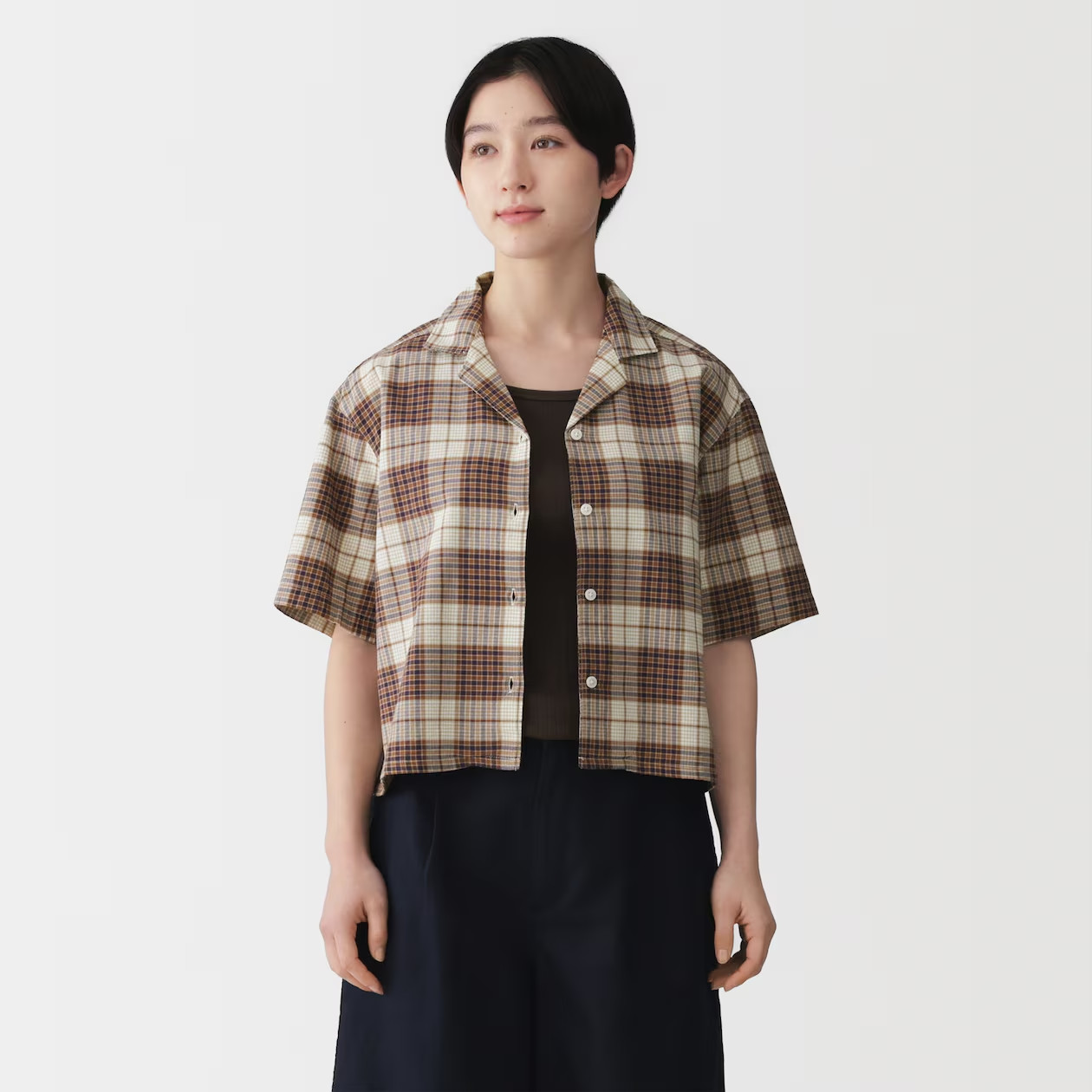 MUJI Womens 100% Organic Cotton Madras Check Cropped Shirt Beige FedEx