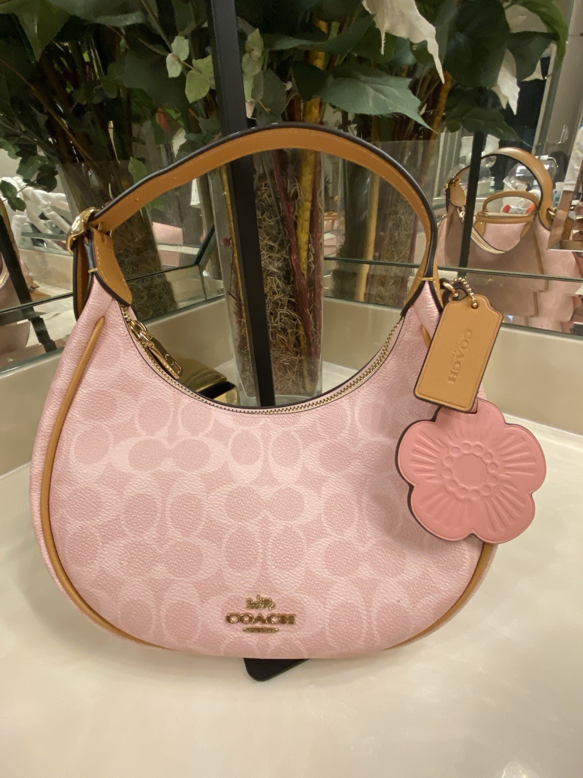 Coach Pink Signature Logo Crossbody Bag Top Handle Zip Gold Hardware Bag Charm