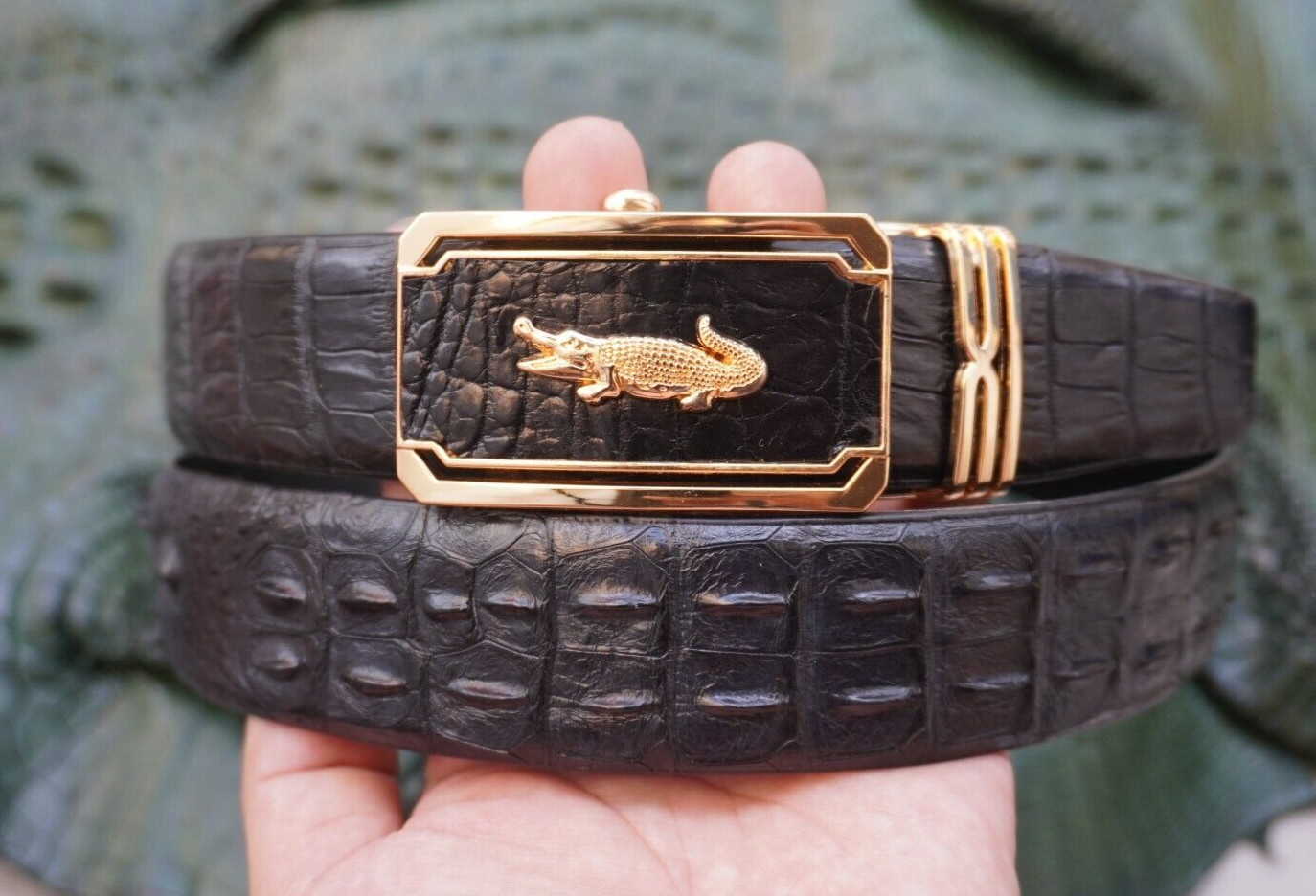 Black Genuine CROCODILE Hornback LEATHER Skin Men’s Belt -W 1.3 inch # Q01